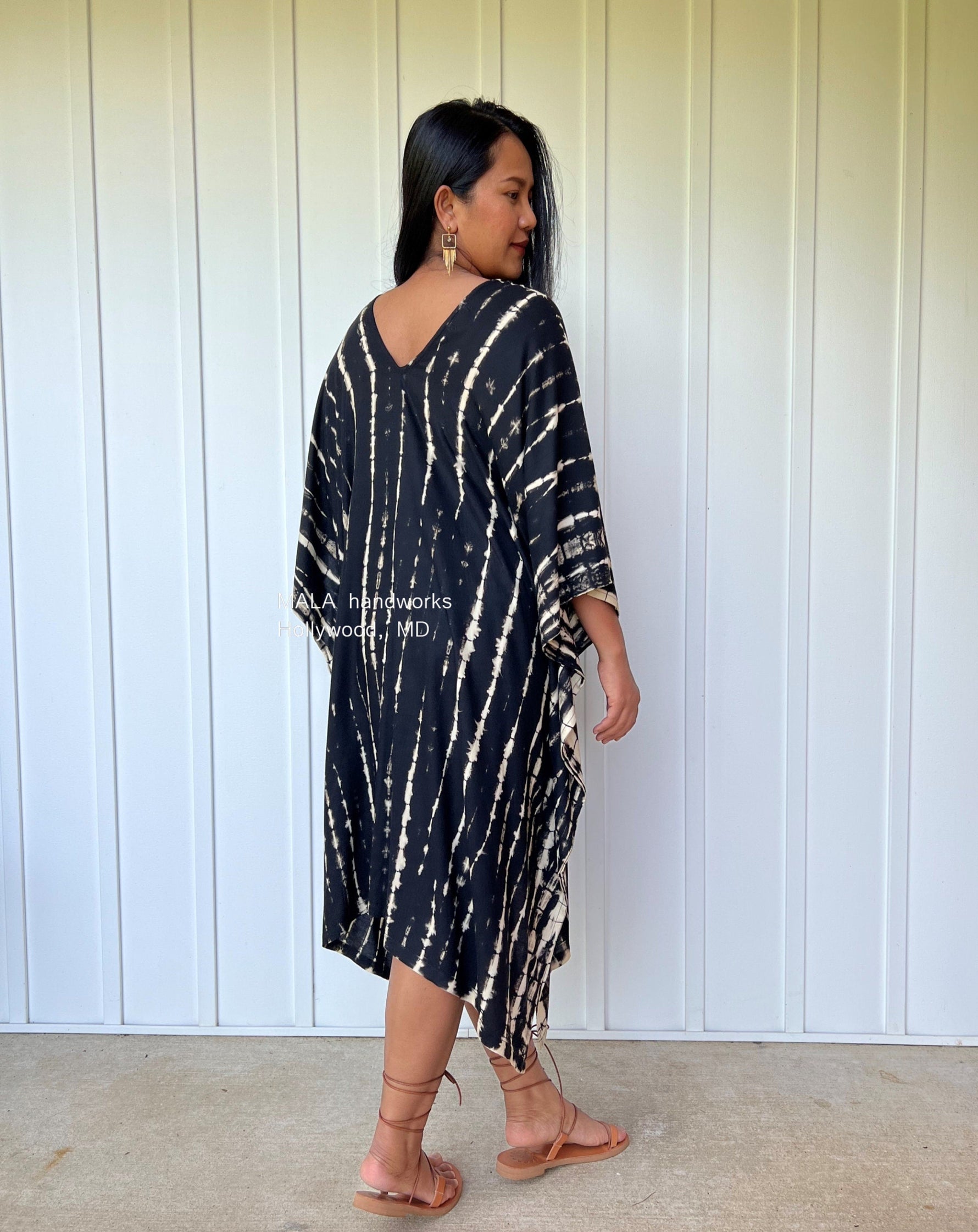 MALA handworks  Fiona Midi Kaftan in Black Tie Dye