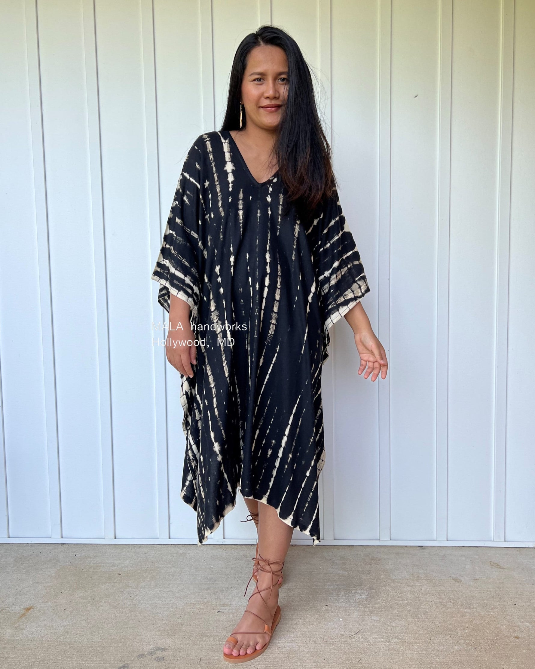 MALA handworks  Fiona Midi Kaftan in Black Tie Dye