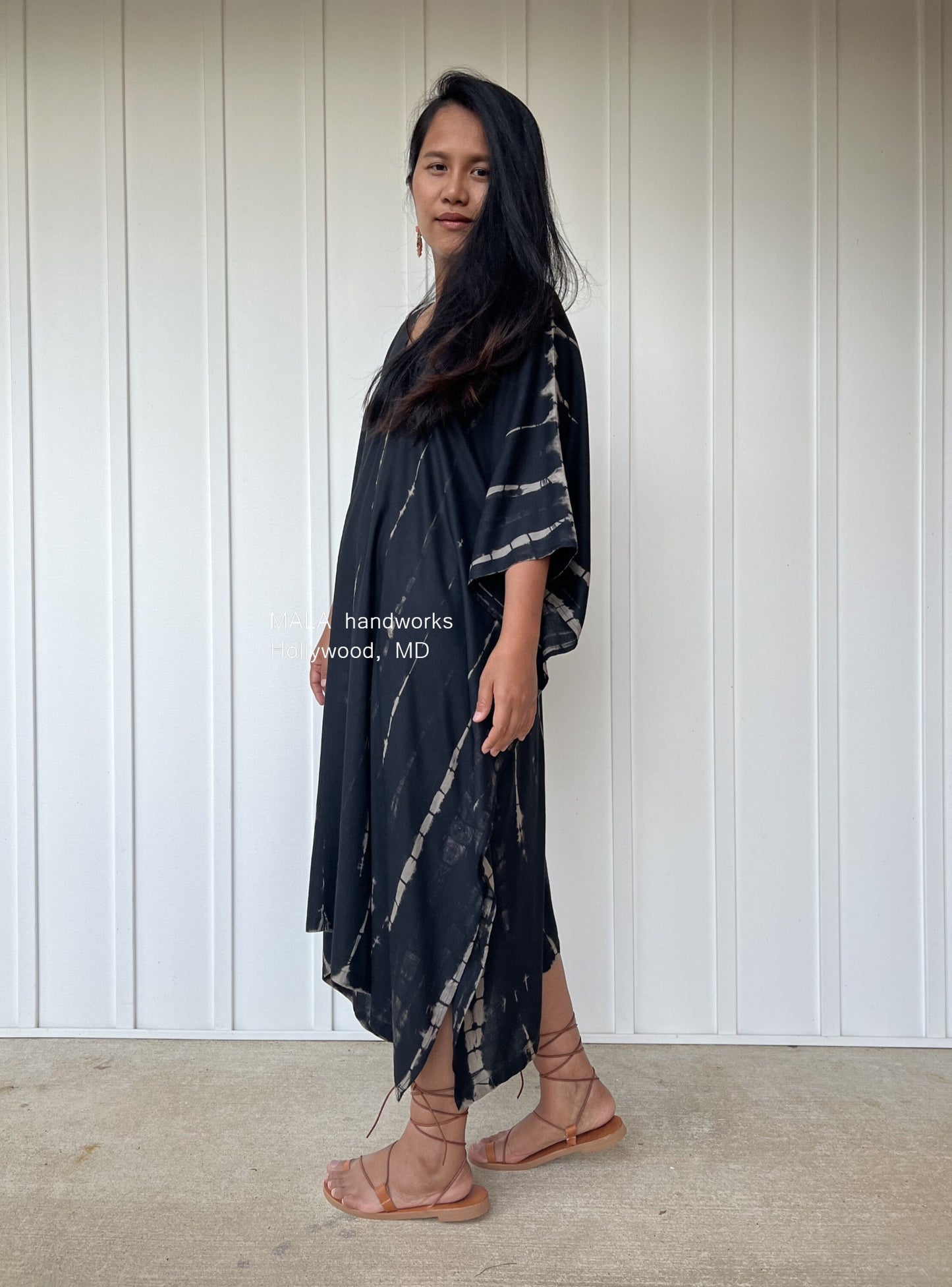MALA handworks  Fiona Midi Kaftan in Black Tie Dye