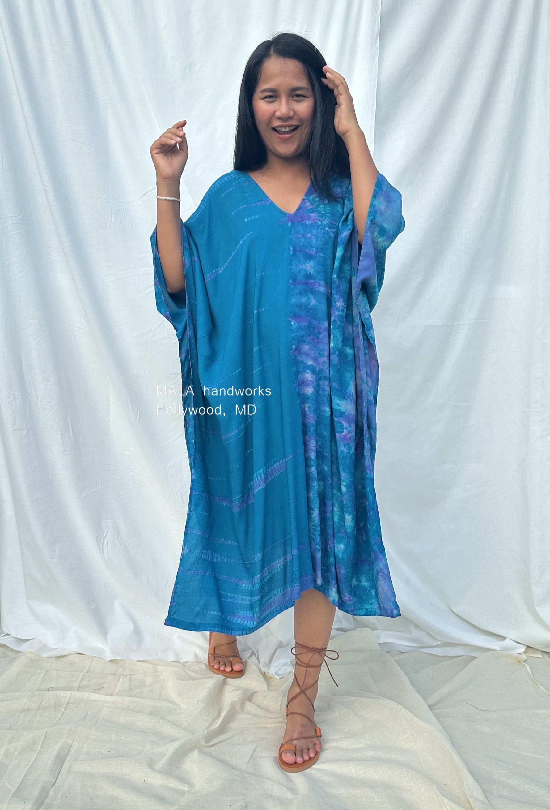 MALA handworks  Fiona Midi Kaftan in Blue Aqua and Purple Tie Dye
