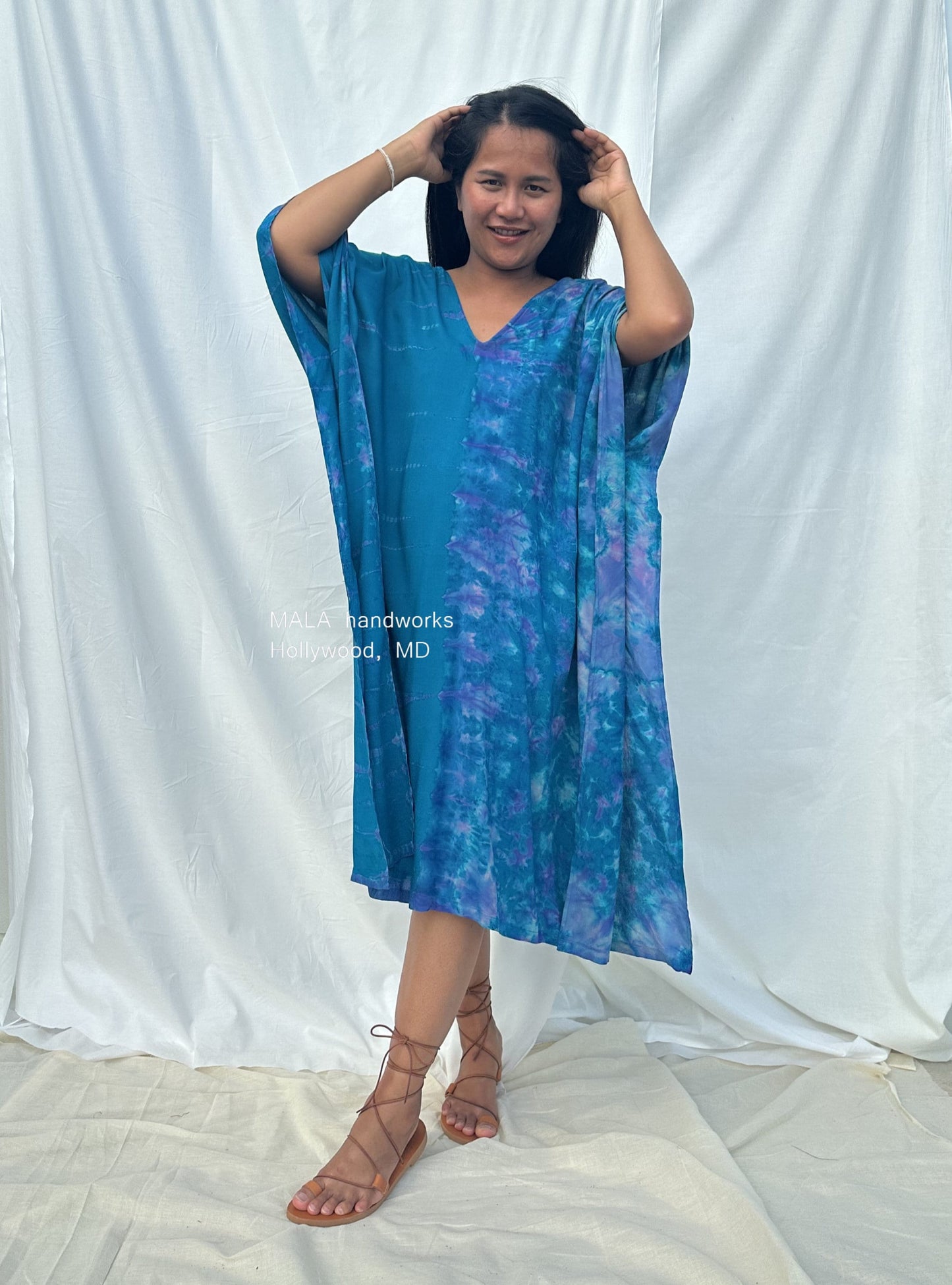 MALA handworks  Fiona Midi Kaftan in Blue Aqua and Purple Tie Dye