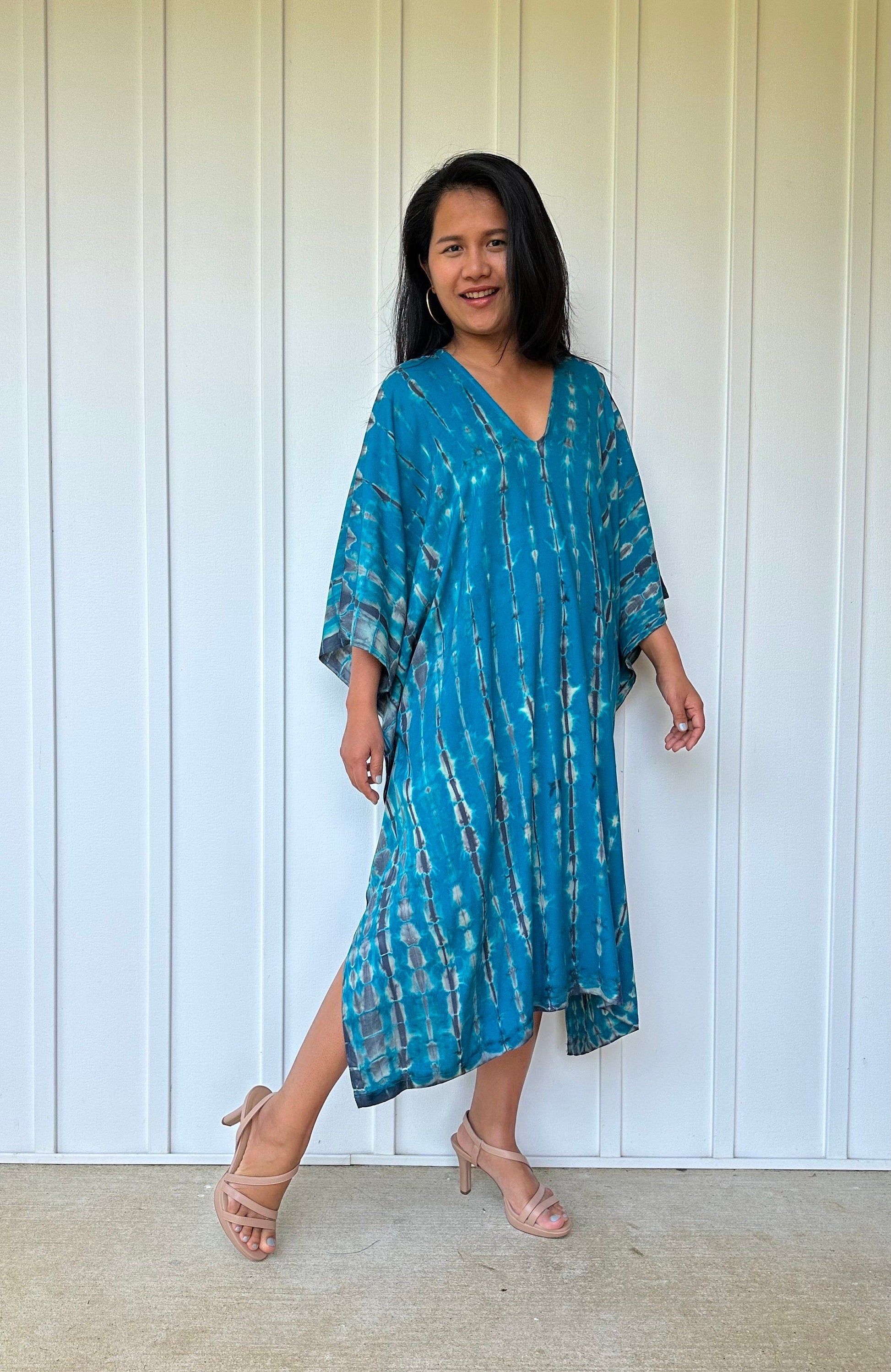 MALA handworks  Fiona Midi Kaftan in Blue Teal Tie Dye