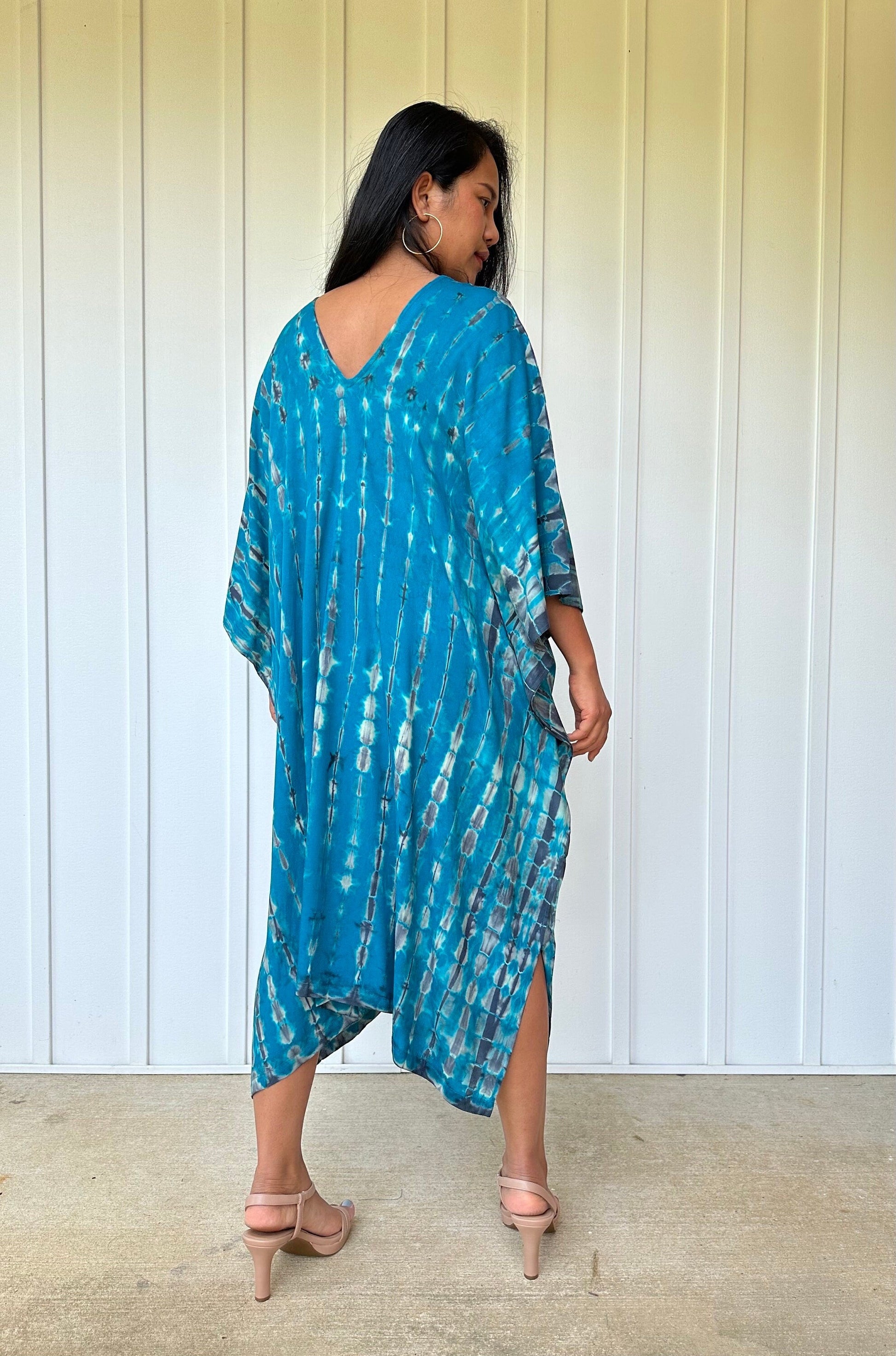 MALA handworks  Fiona Midi Kaftan in Blue Teal Tie Dye