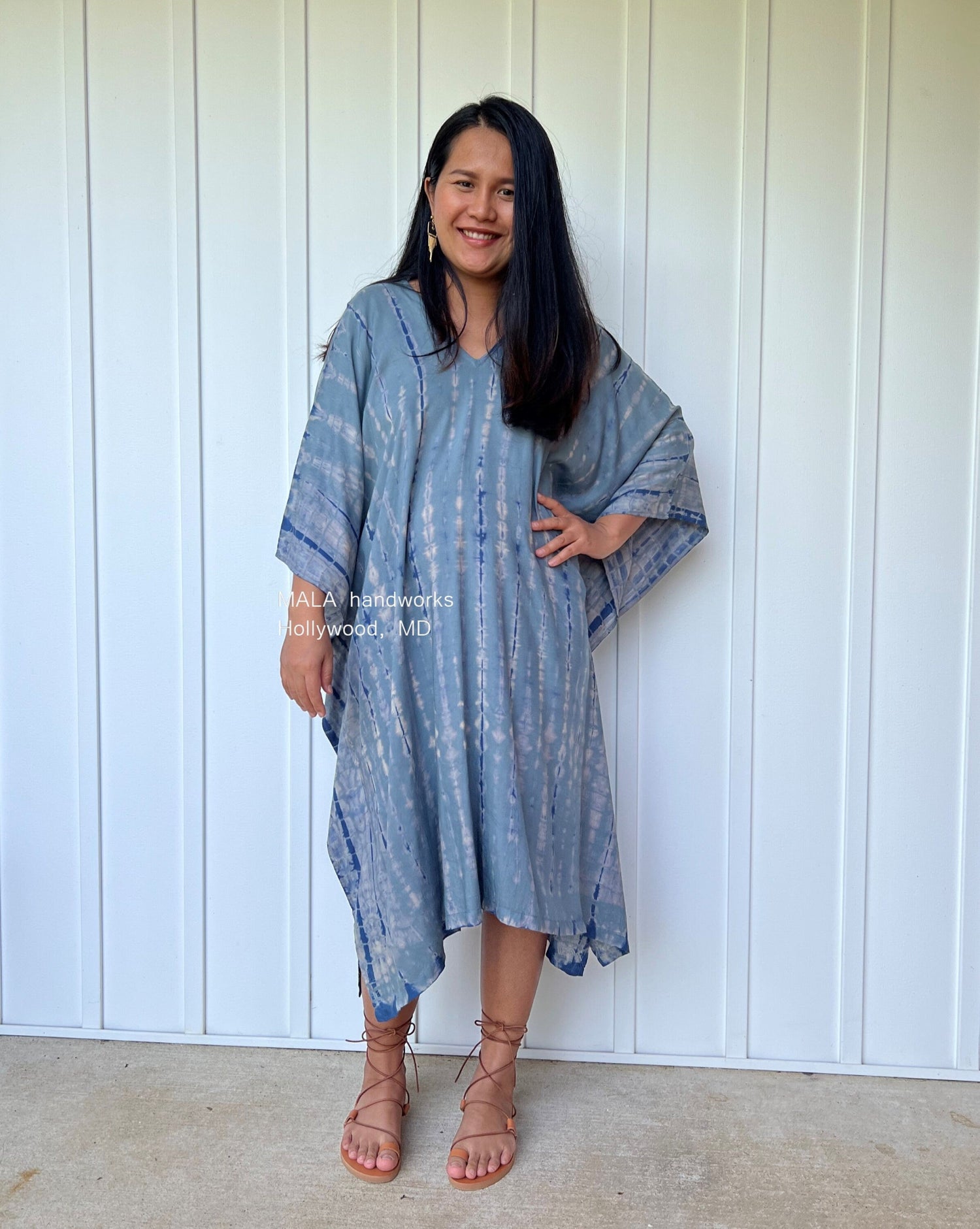 MALA handworks  Fiona Midi Kaftan in Gray and Blue Tie Dye
