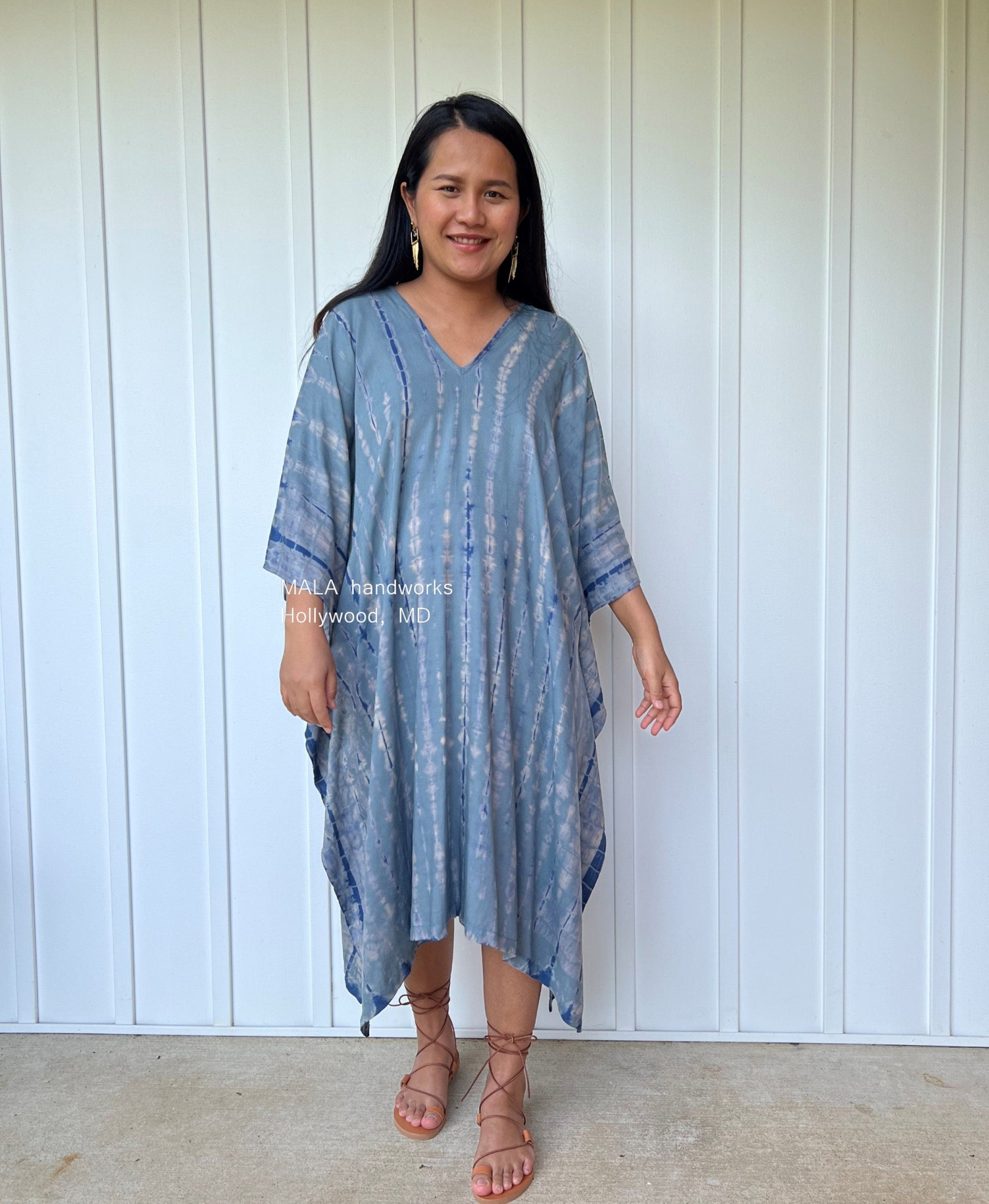 MALA handworks  Fiona Midi Kaftan in Gray and Blue Tie Dye