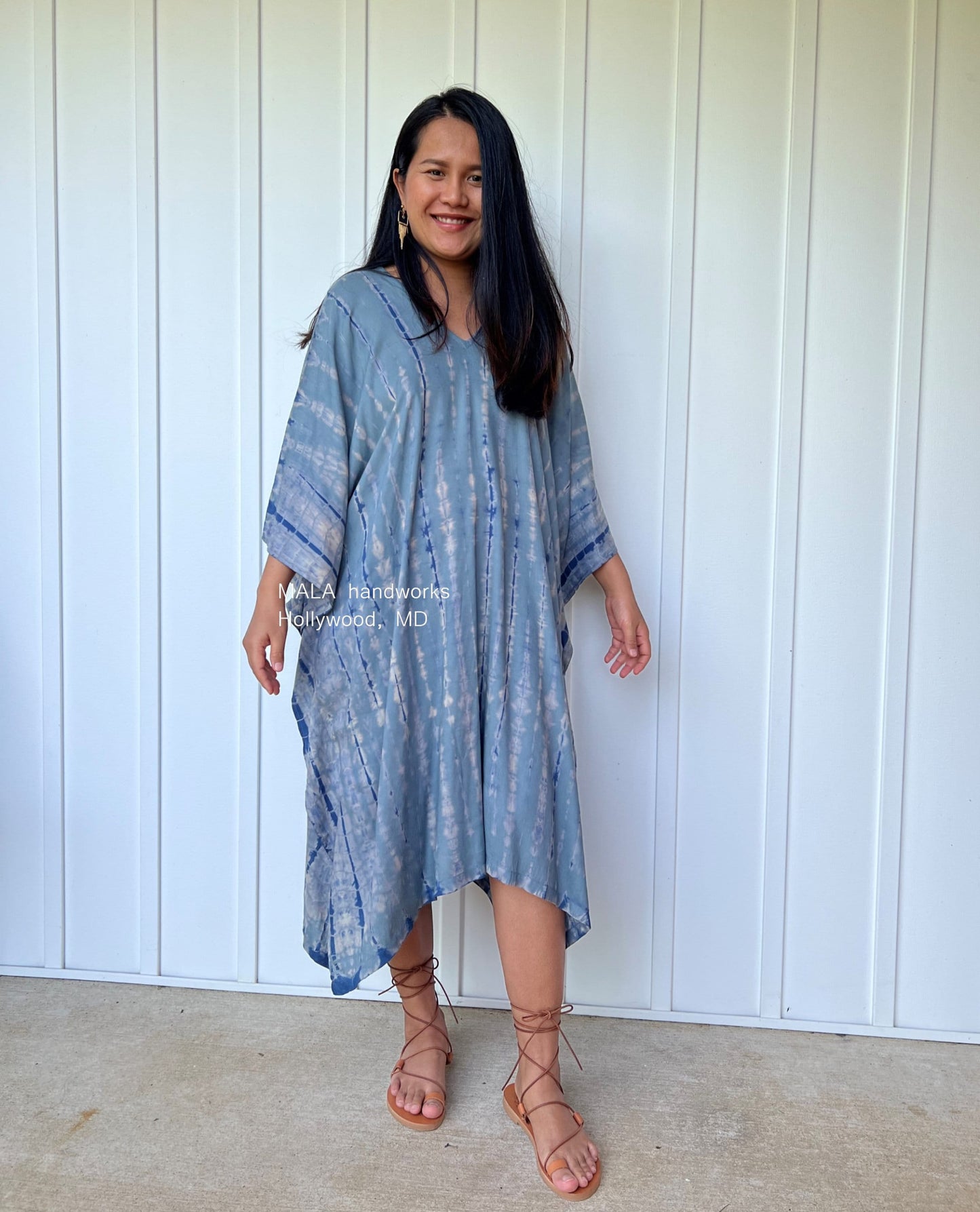 MALA handworks  Fiona Midi Kaftan in Gray and Blue Tie Dye