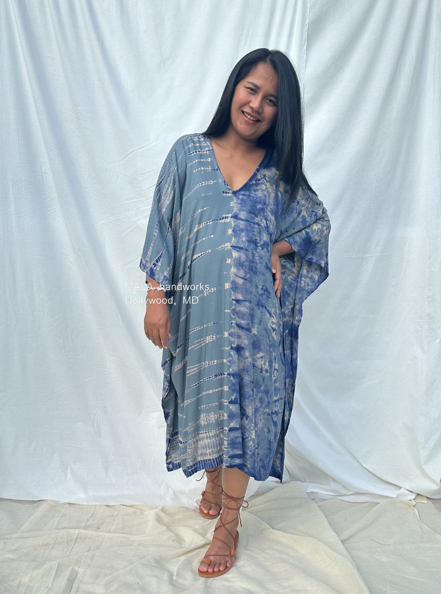 MALA handworks  Fiona Midi Kaftan in Gray and Blue Tie Dye