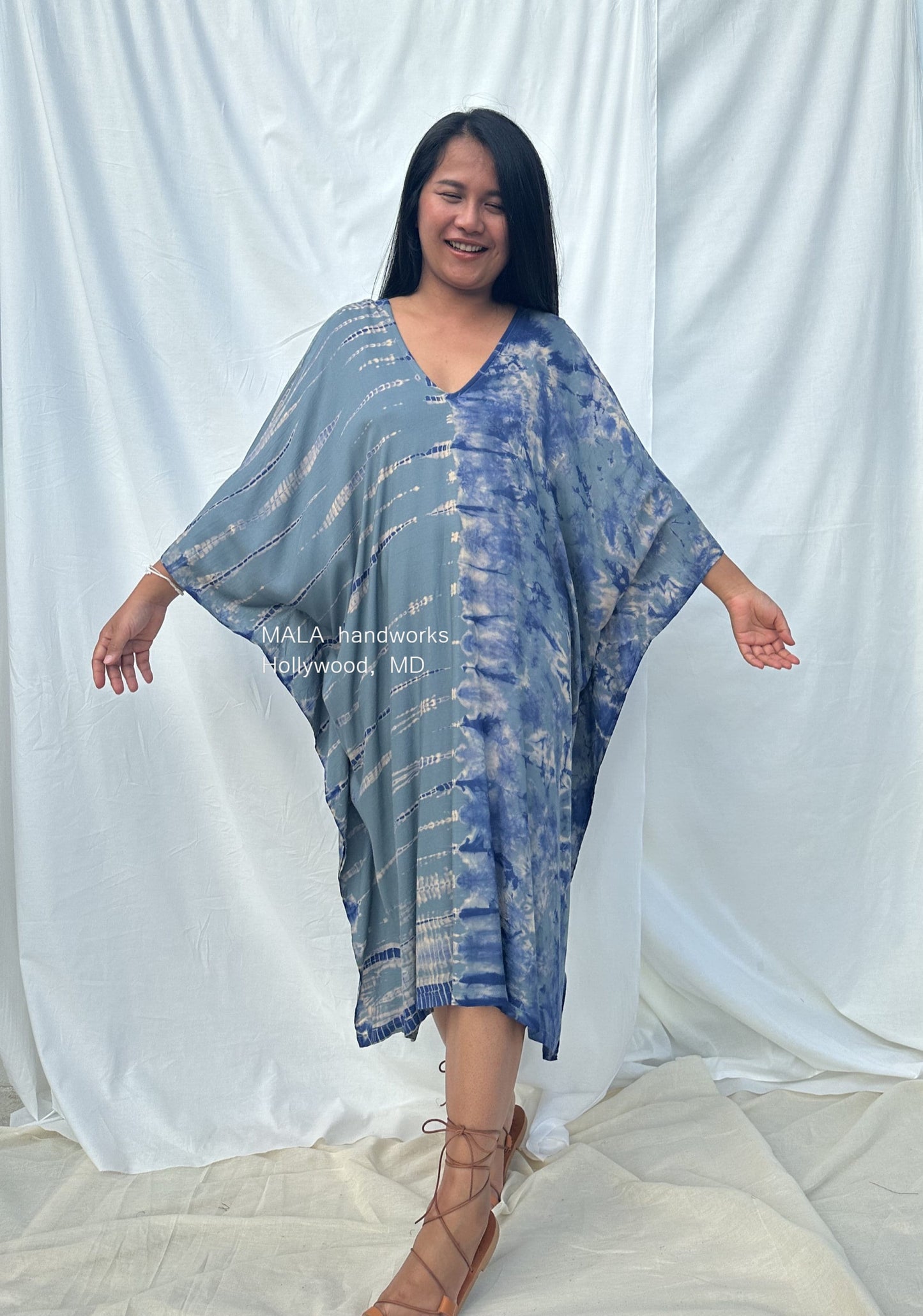 MALA handworks  Fiona Midi Kaftan in Gray and Blue Tie Dye