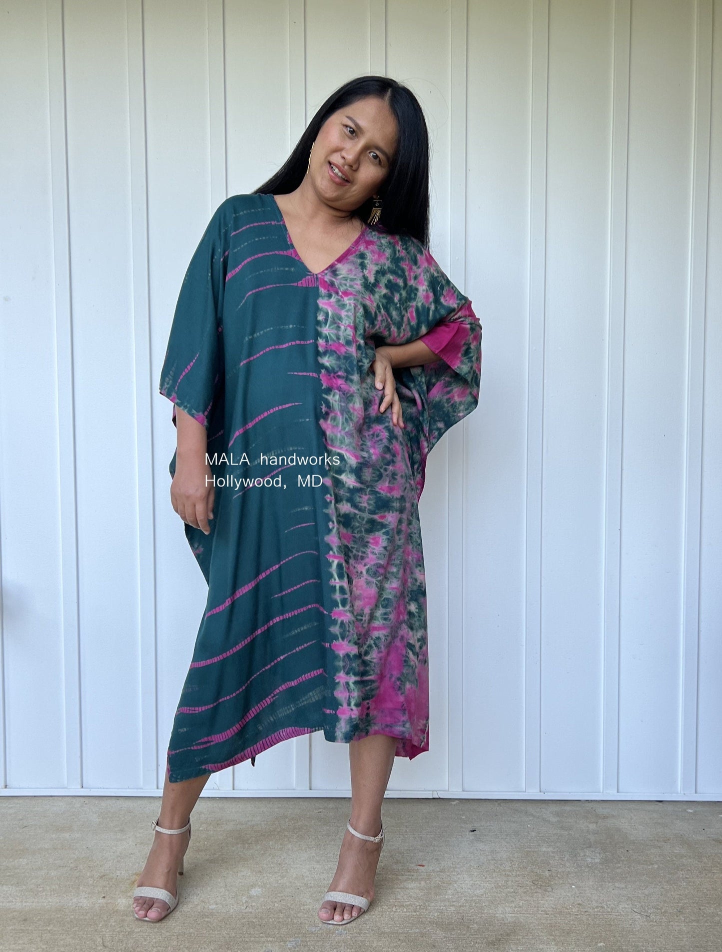 MALA handworks  Fiona Midi Kaftan in Green and Purple Tie Dye