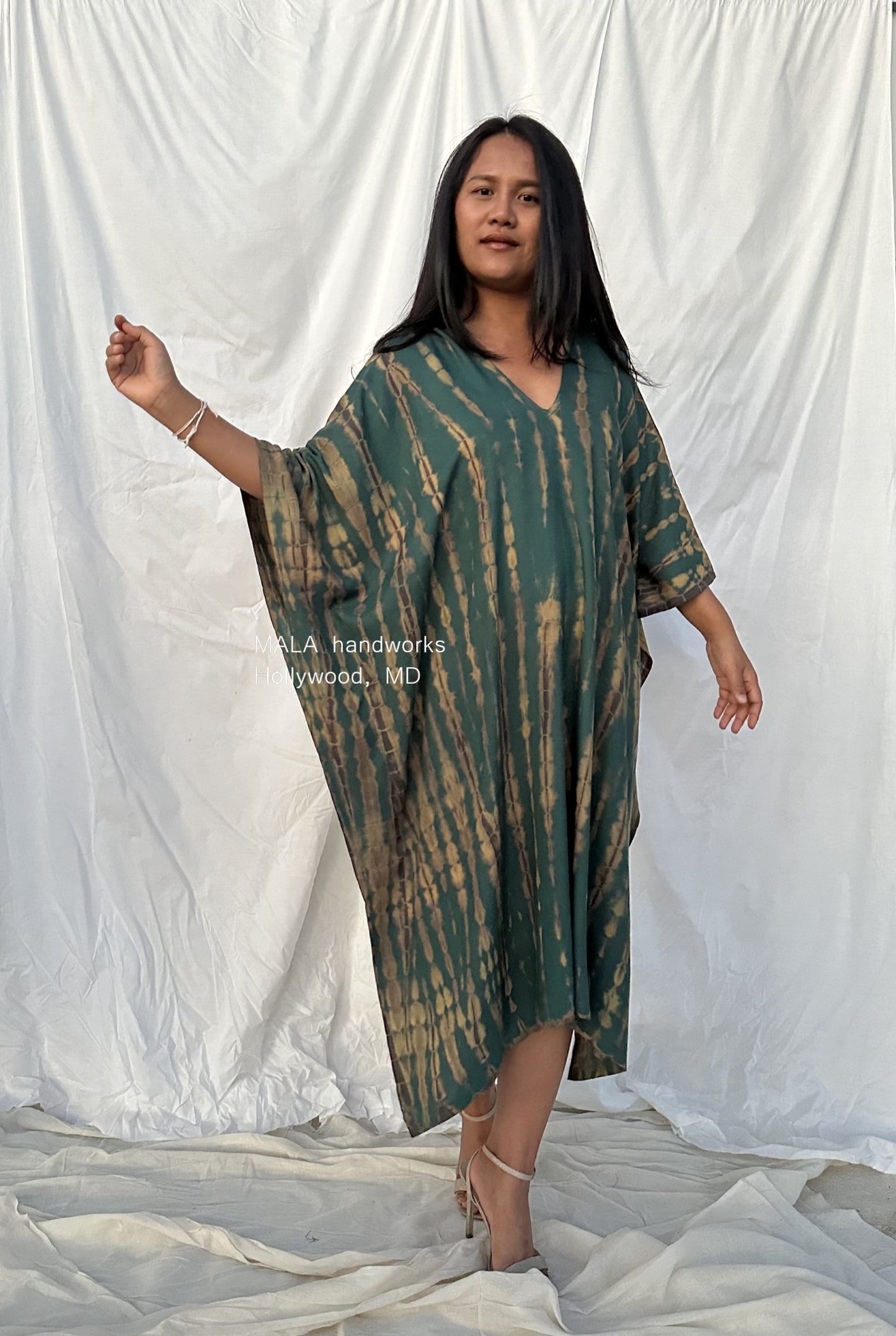 MALA handworks  Fiona Midi Kaftan in Green and Yellow Tie Dye