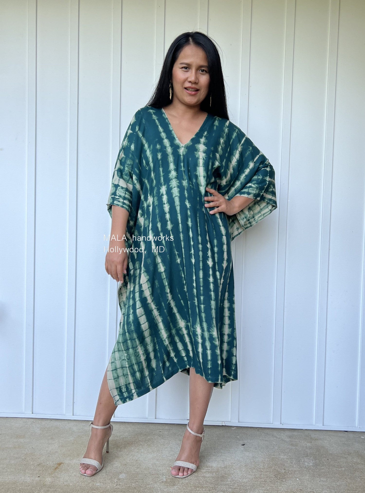 MALA handworks  Fiona Midi Kaftan in Green Teal Tie Dye
