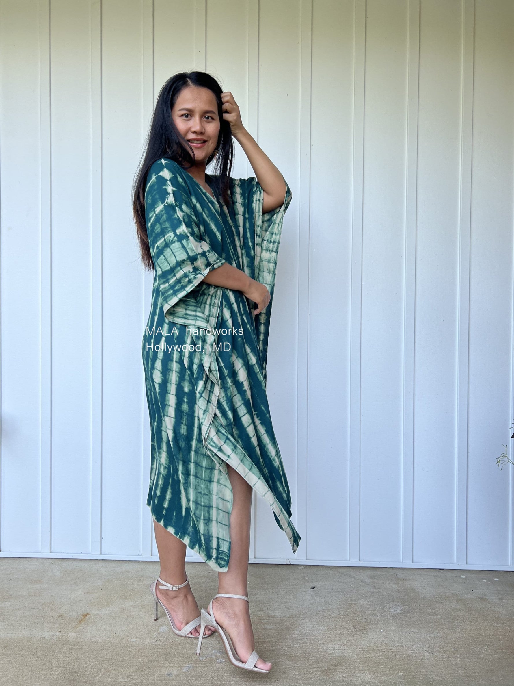 MALA handworks  Fiona Midi Kaftan in Green Teal Tie Dye
