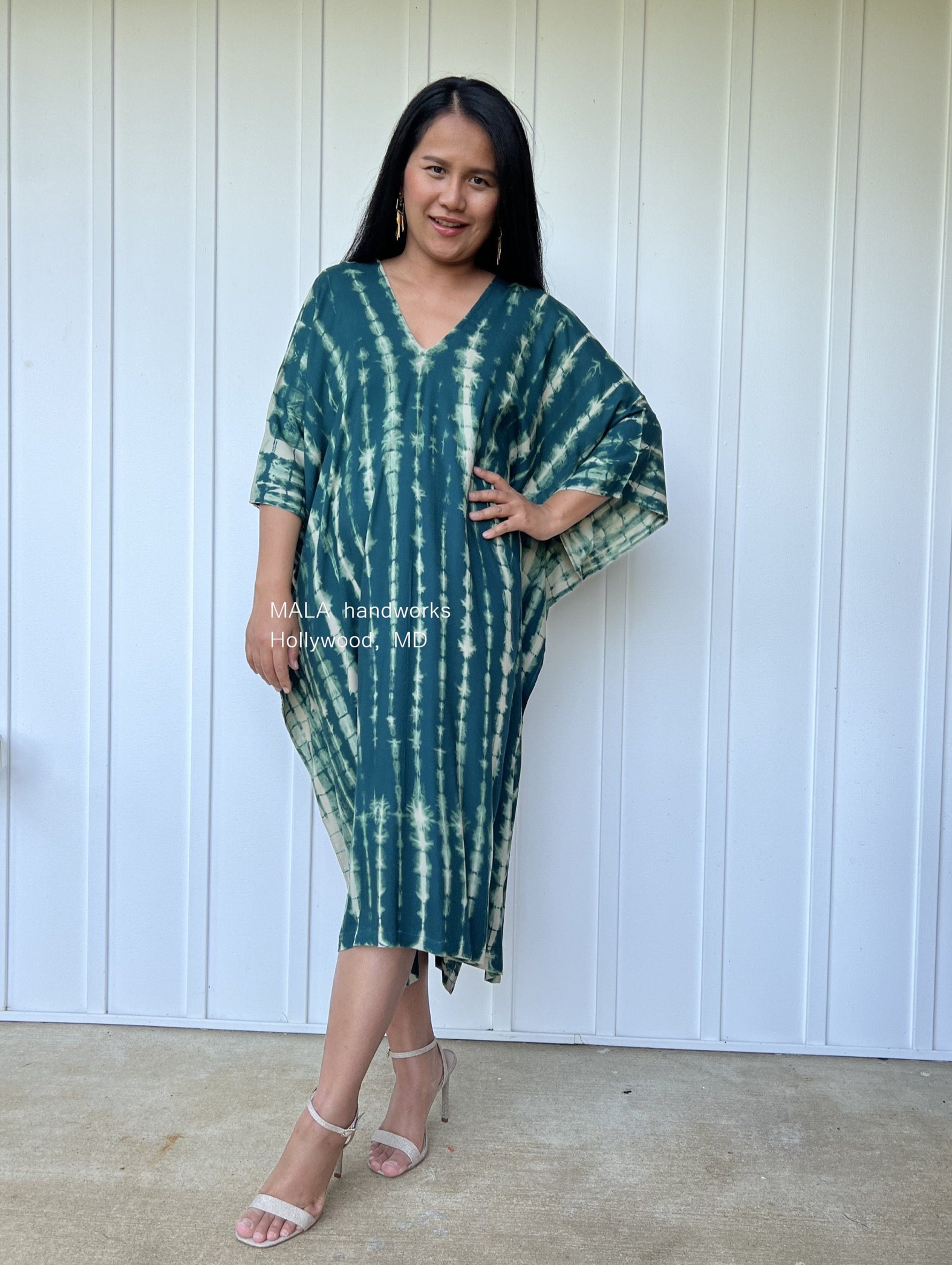 MALA handworks  Fiona Midi Kaftan in Green Teal Tie Dye