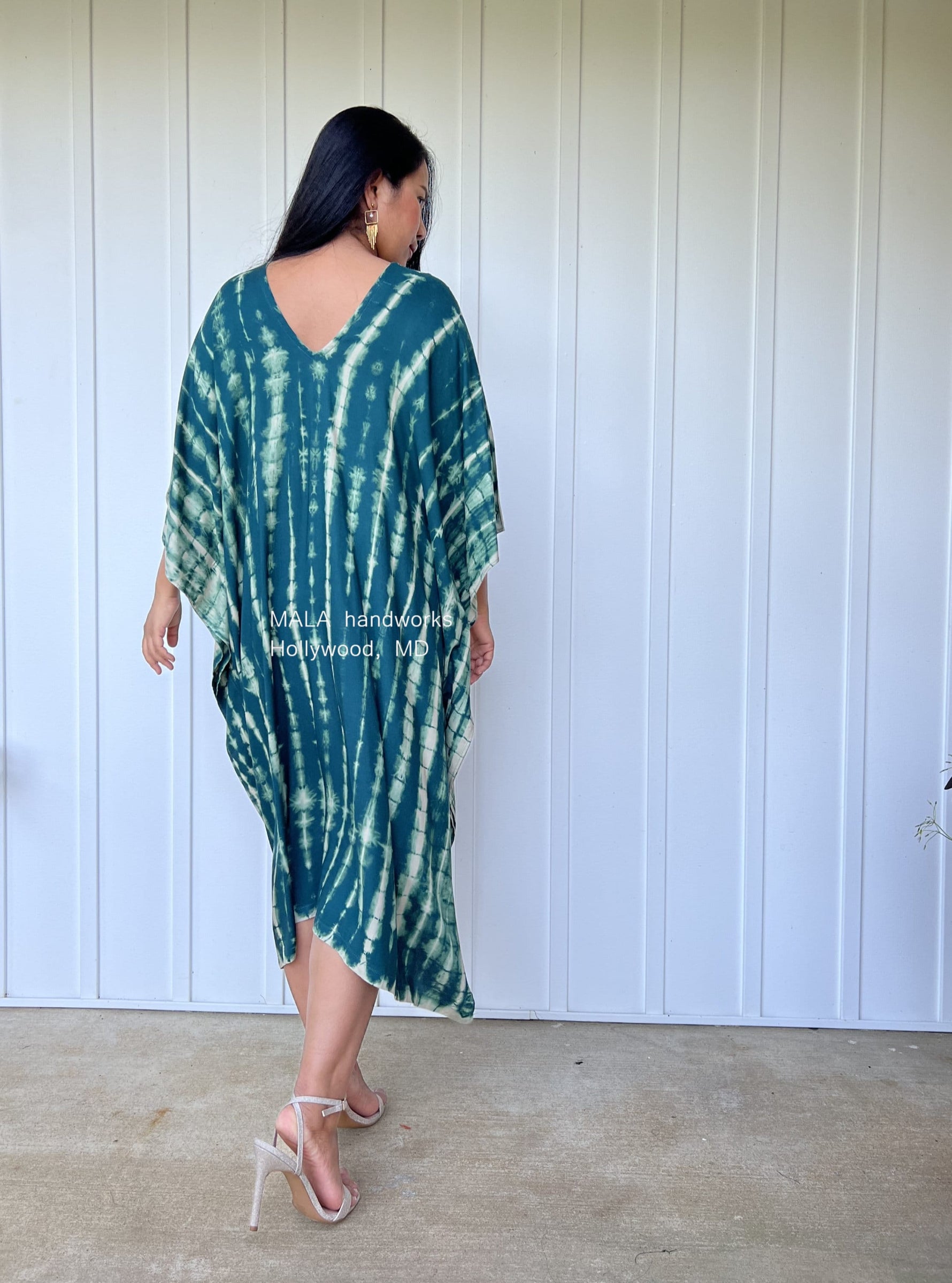 MALA handworks  Fiona Midi Kaftan in Green Teal Tie Dye