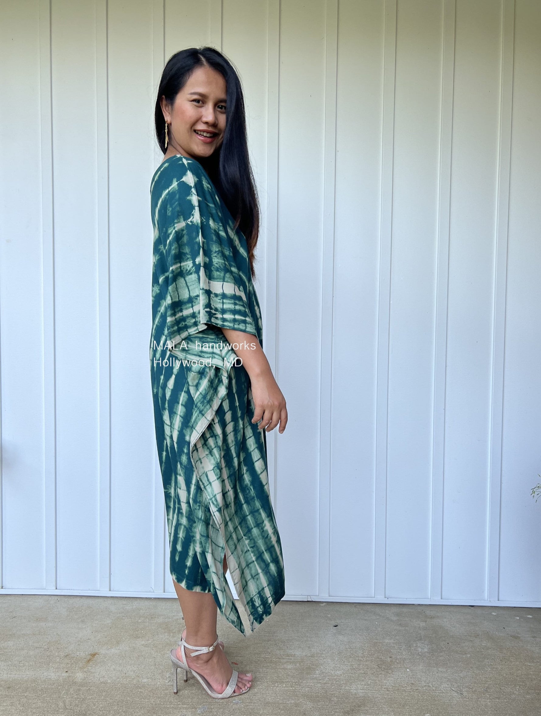 MALA handworks  Fiona Midi Kaftan in Green Teal Tie Dye