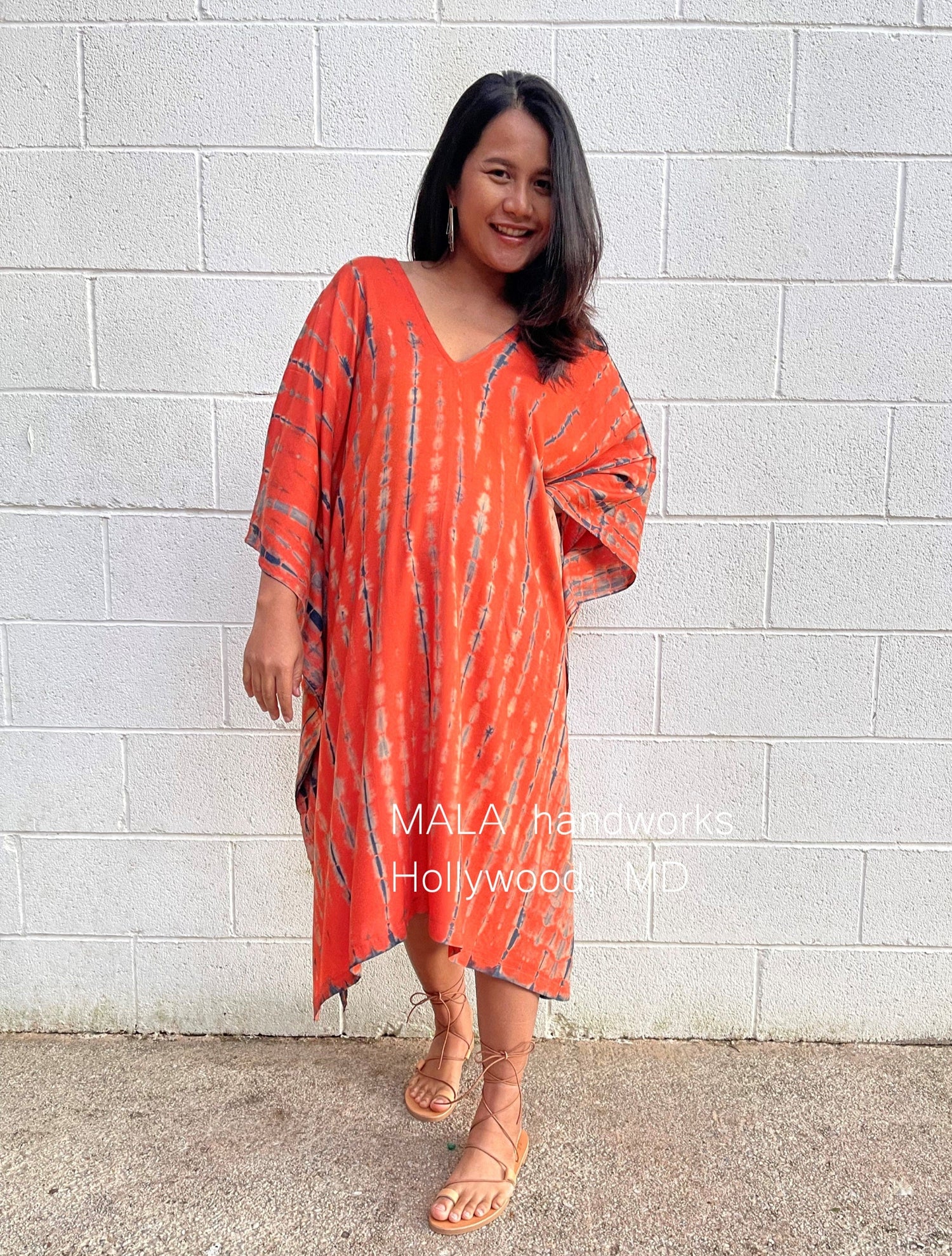 MALA handworks  Fiona Midi Kaftan in Orange and Black Tie Dye