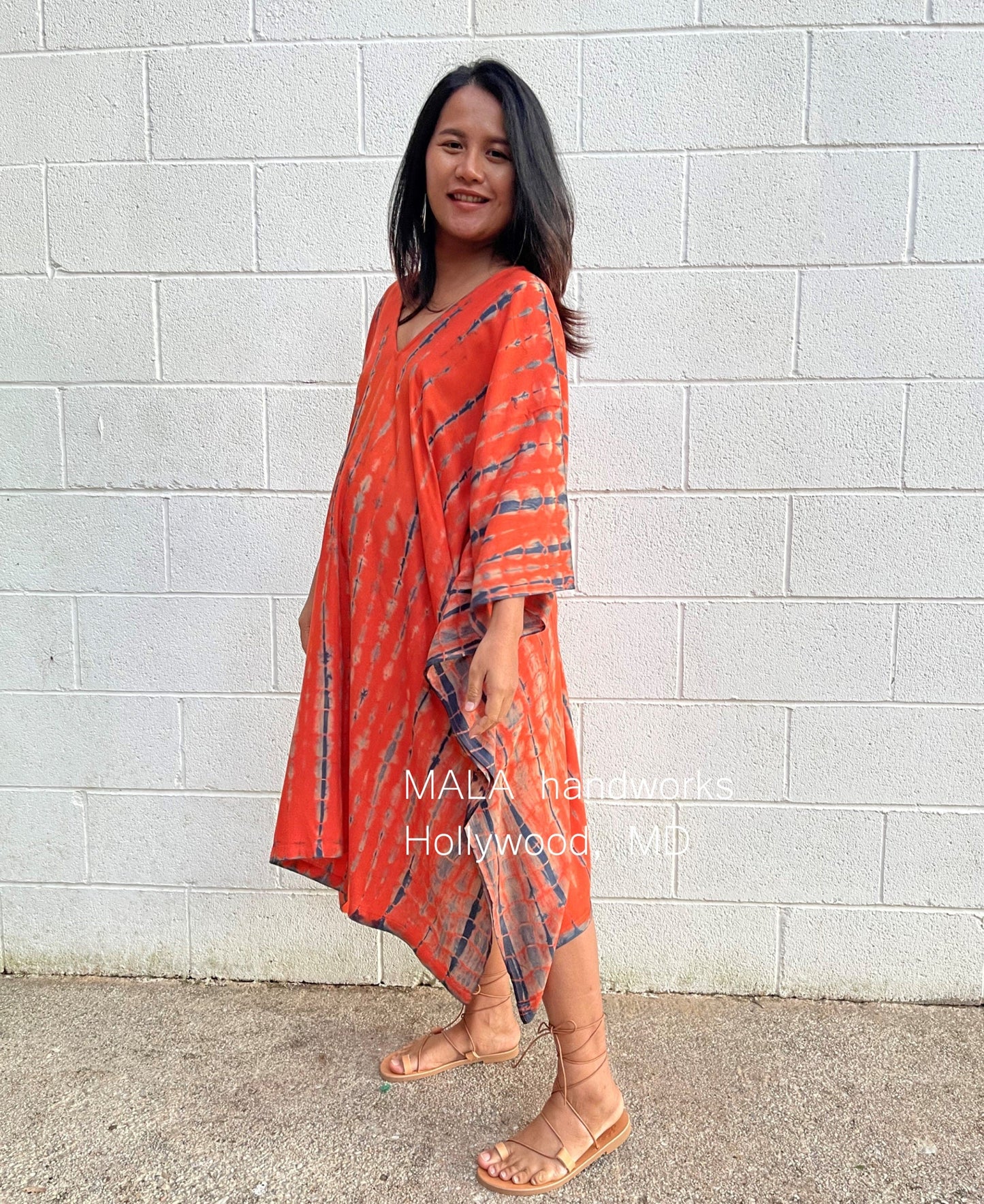 MALA handworks  Fiona Midi Kaftan in Orange and Black Tie Dye