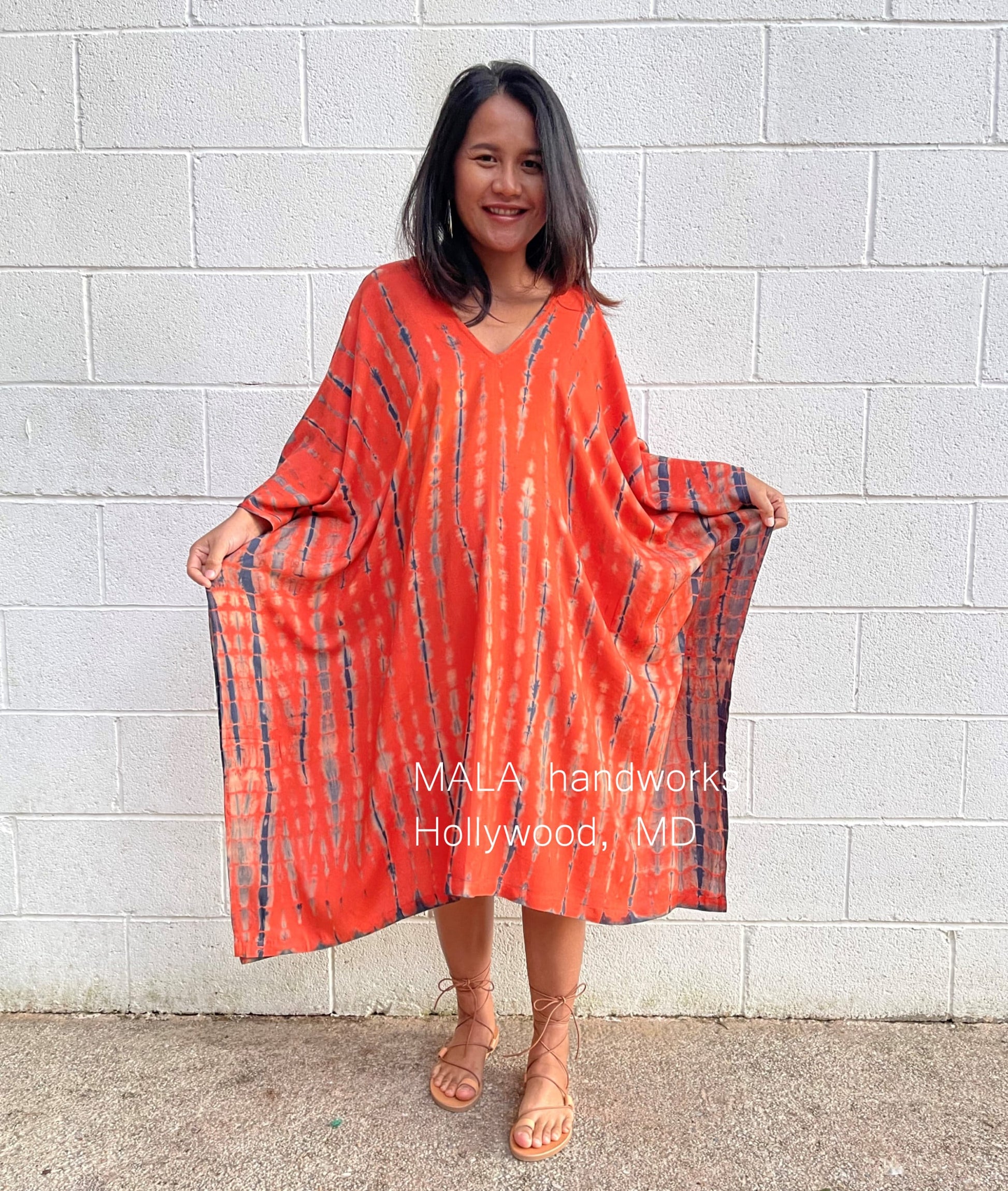 MALA handworks  Fiona Midi Kaftan in Orange and Black Tie Dye