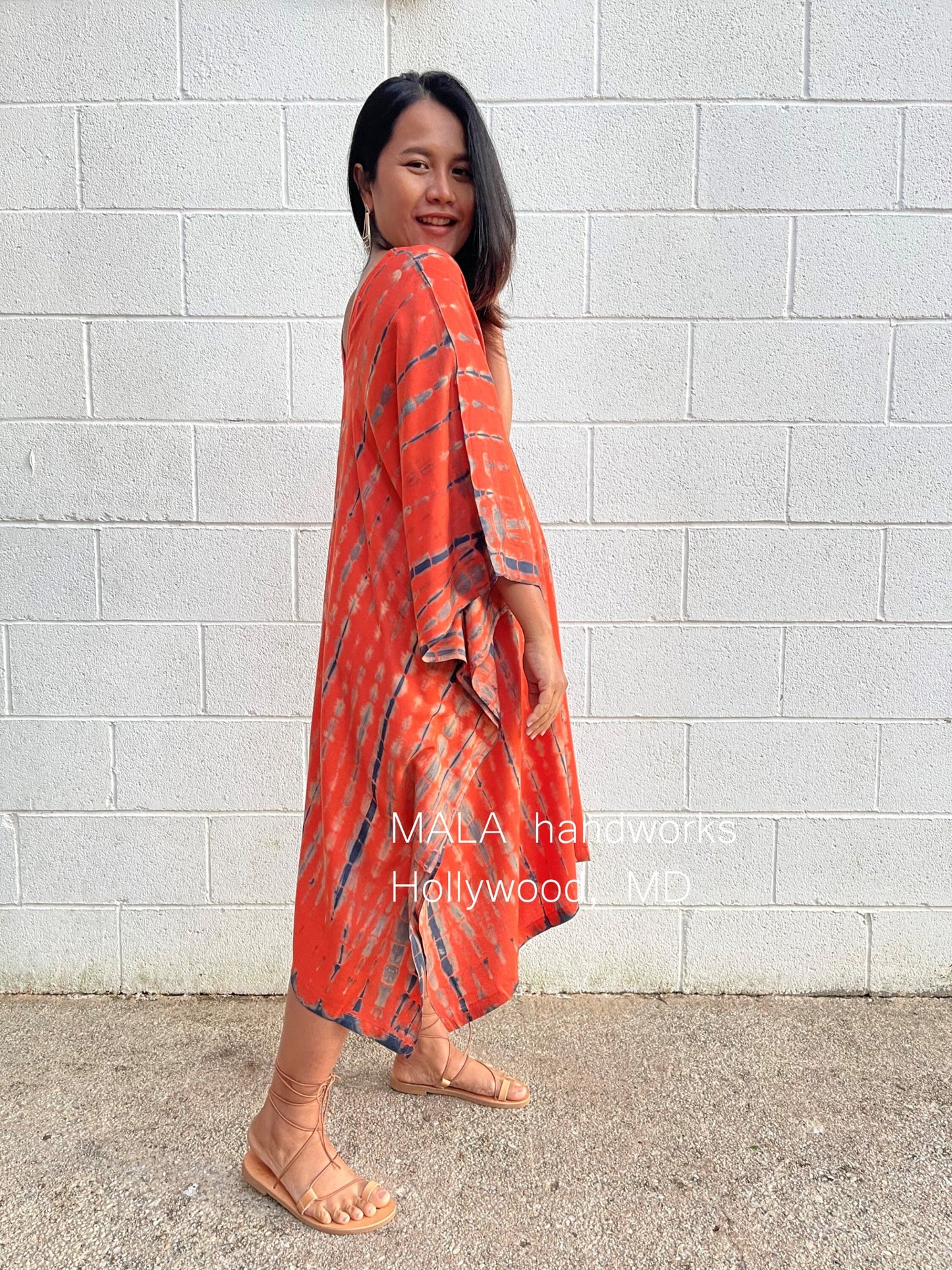 MALA handworks  Fiona Midi Kaftan in Orange and Black Tie Dye