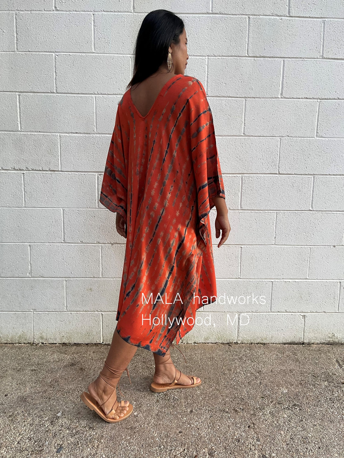 MALA handworks  Fiona Midi Kaftan in Orange and Black Tie Dye
