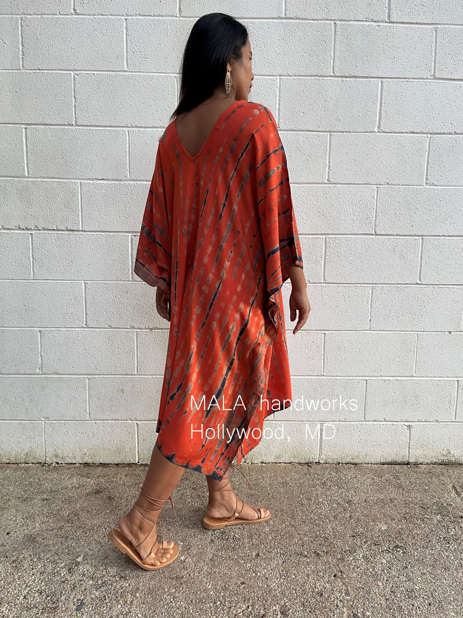 MALA handworks  Fiona Midi Kaftan in Orange and Black Tie Dye