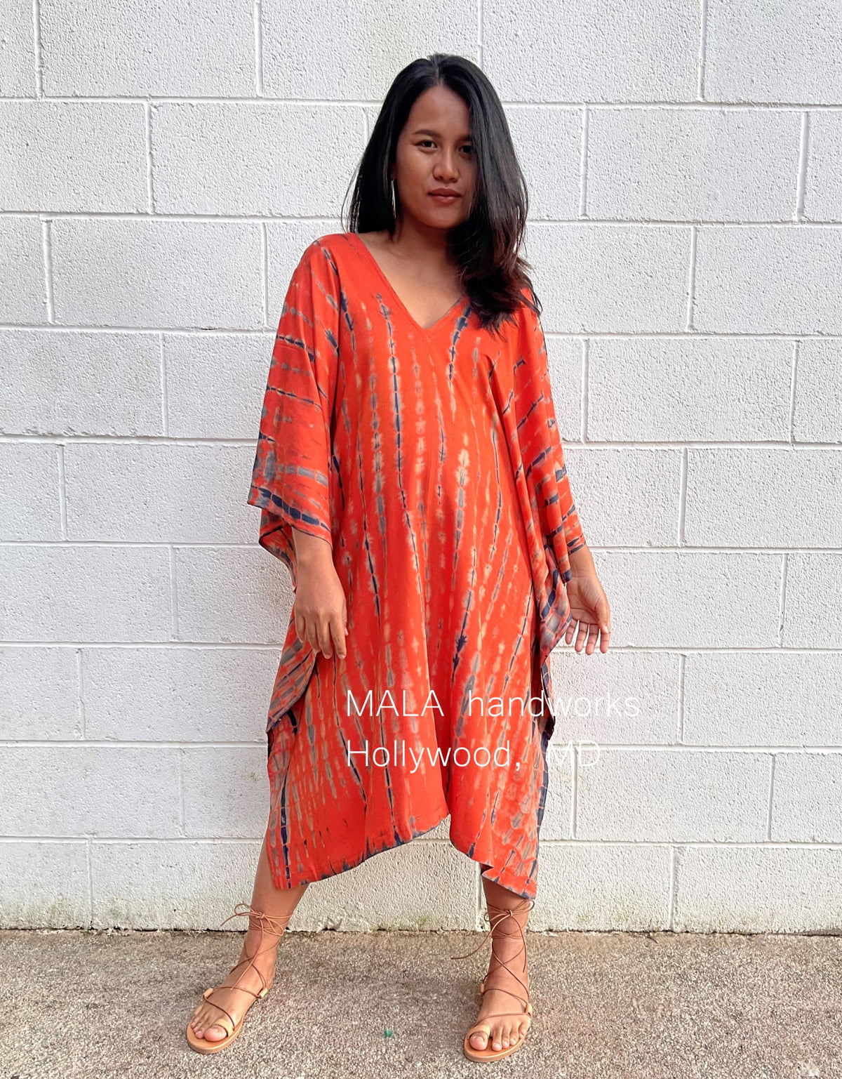 MALA handworks  Fiona Midi Kaftan in Orange and Black Tie Dye
