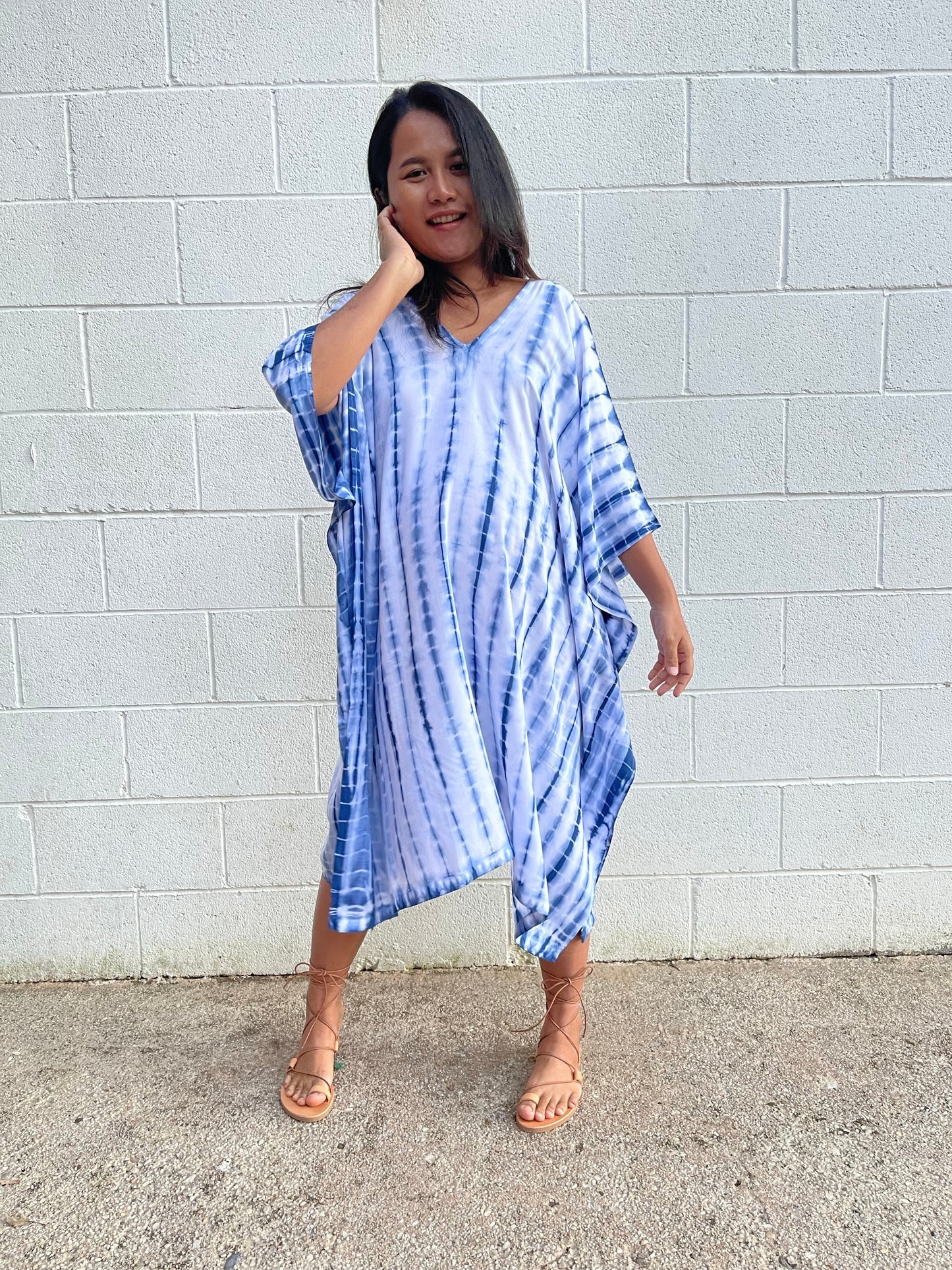 MALA handworks Fiona Midi Kaftan in White and Blue Tie Dye