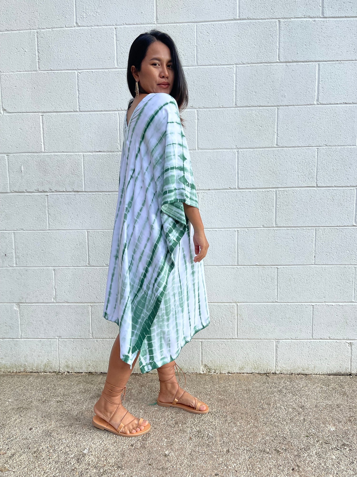 MALA handworks Fiona Midi Kaftan in White and Green Tie Dye