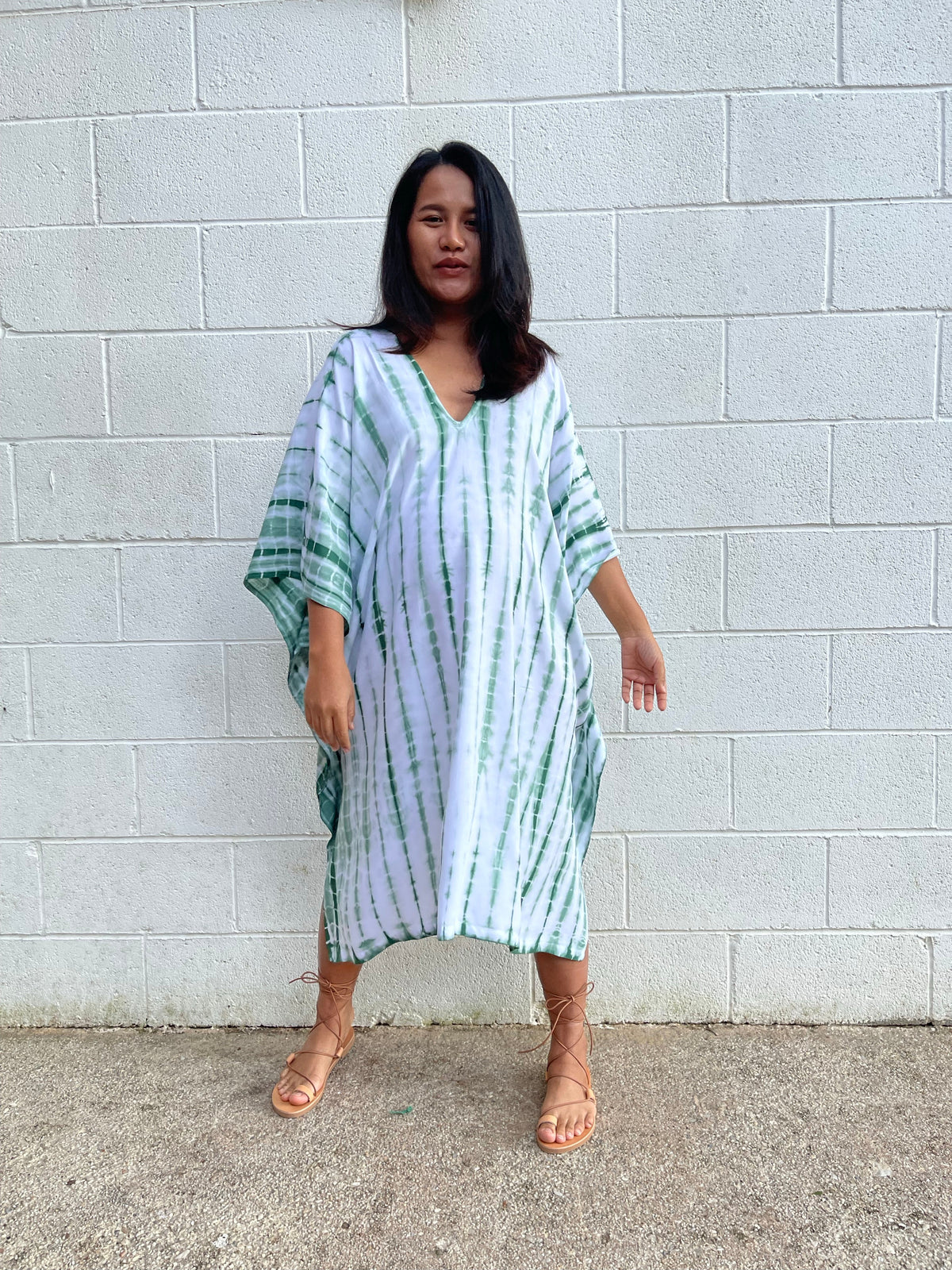 MALA handworks Fiona Midi Kaftan in White and Green Tie Dye