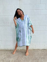 MALA handworks Fiona Midi Kaftan in White and Green Tie Dye