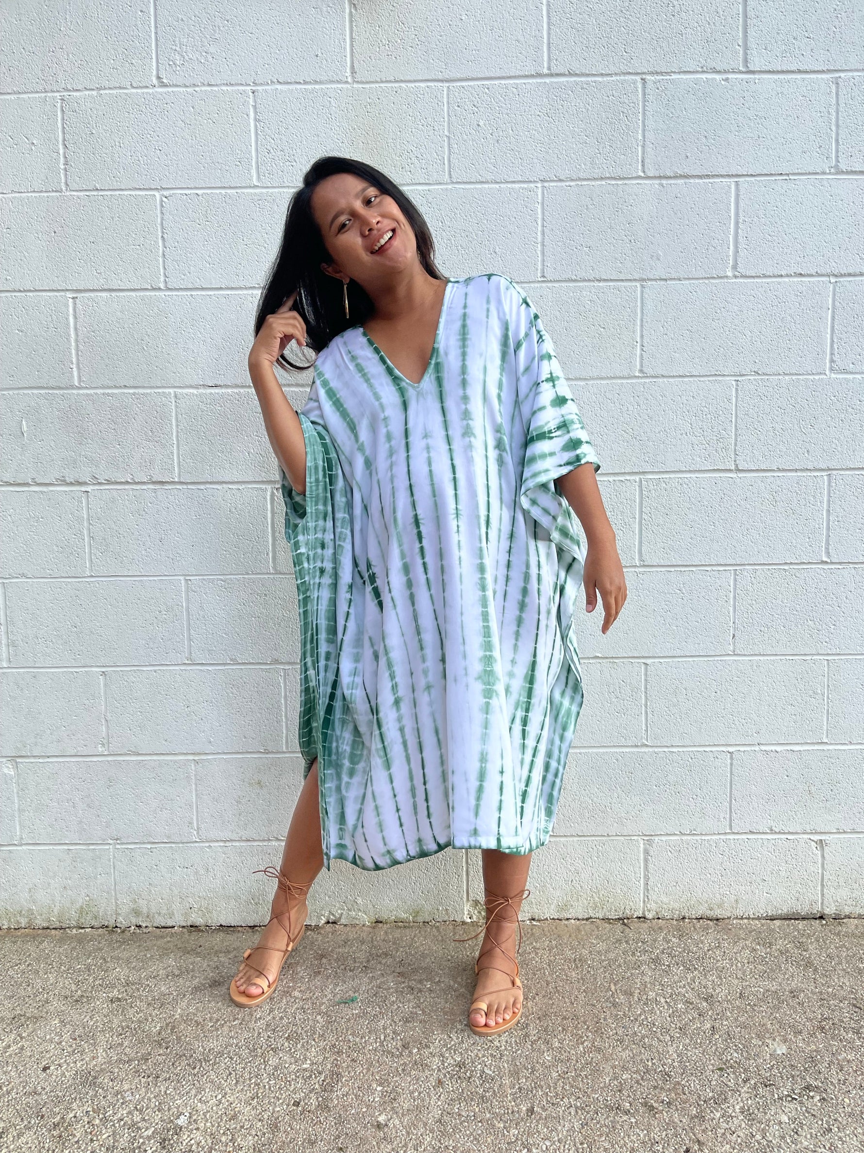 MALA handworks Fiona Midi Kaftan in White and Green Tie Dye