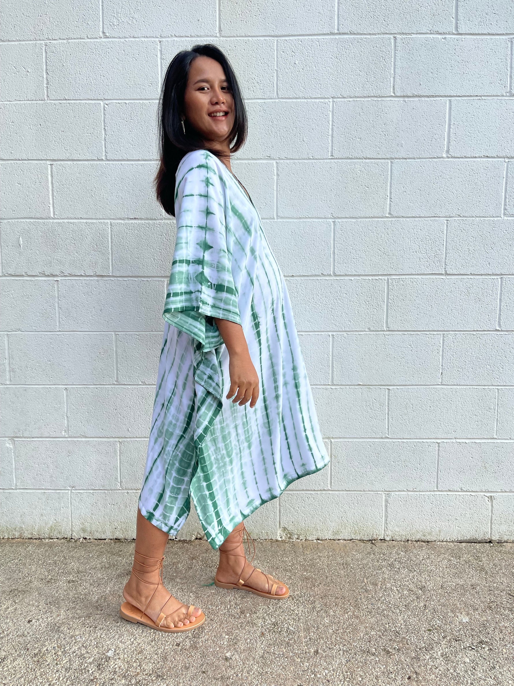 MALA handworks Fiona Midi Kaftan in White and Green Tie Dye
