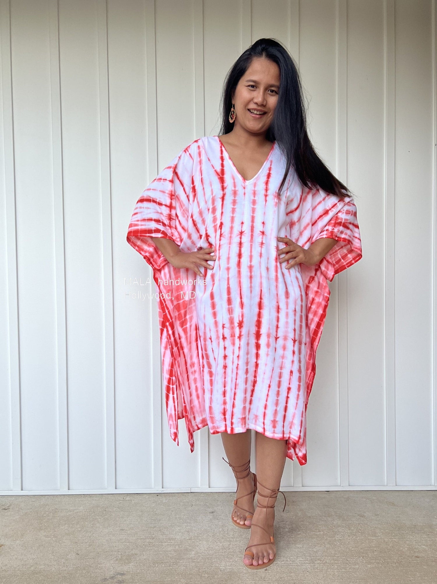 MALA handworks  Fiona Midi Kaftan in White and Orange Tie Dye