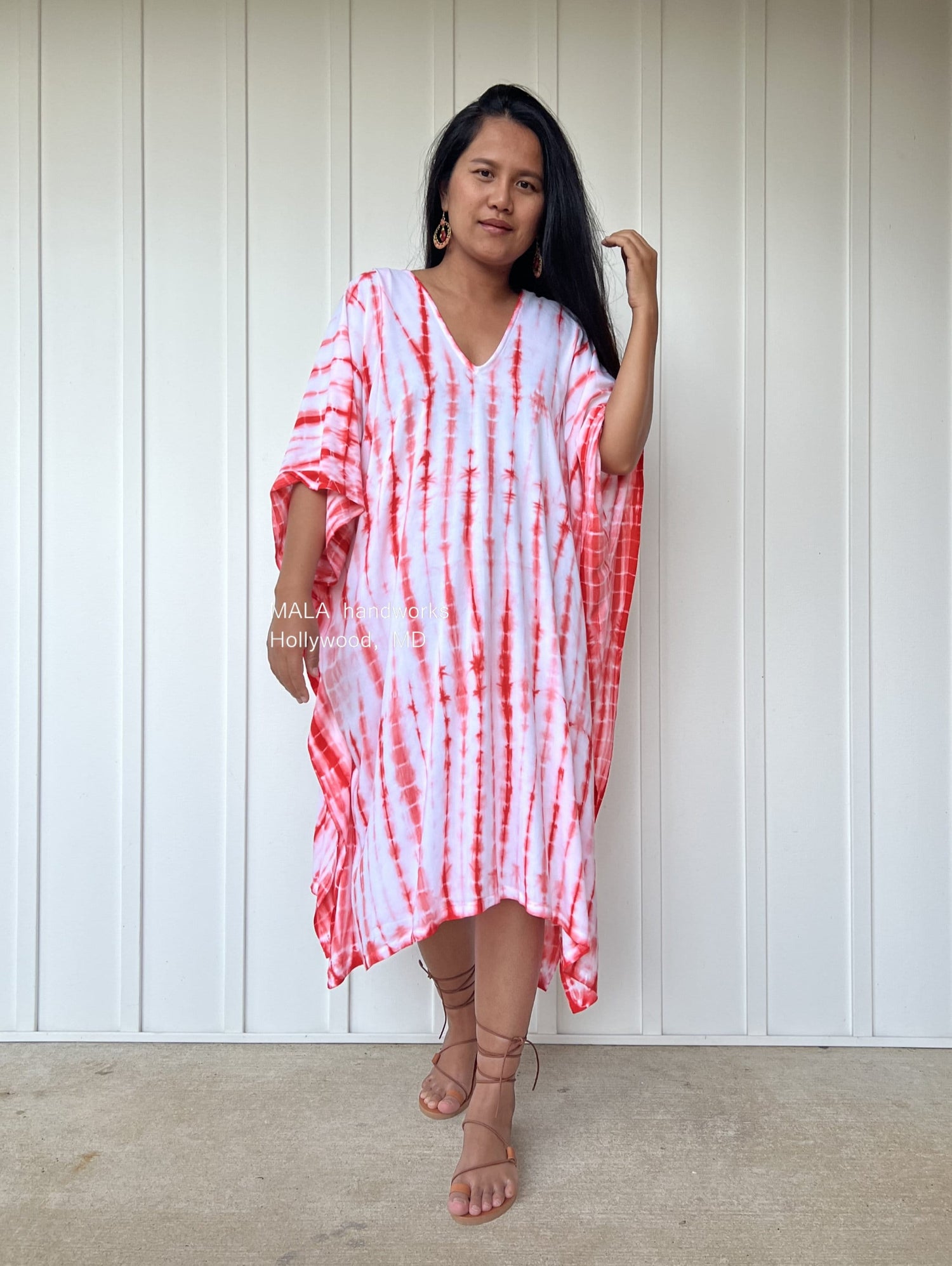 MALA handworks  Fiona Midi Kaftan in White and Orange Tie Dye