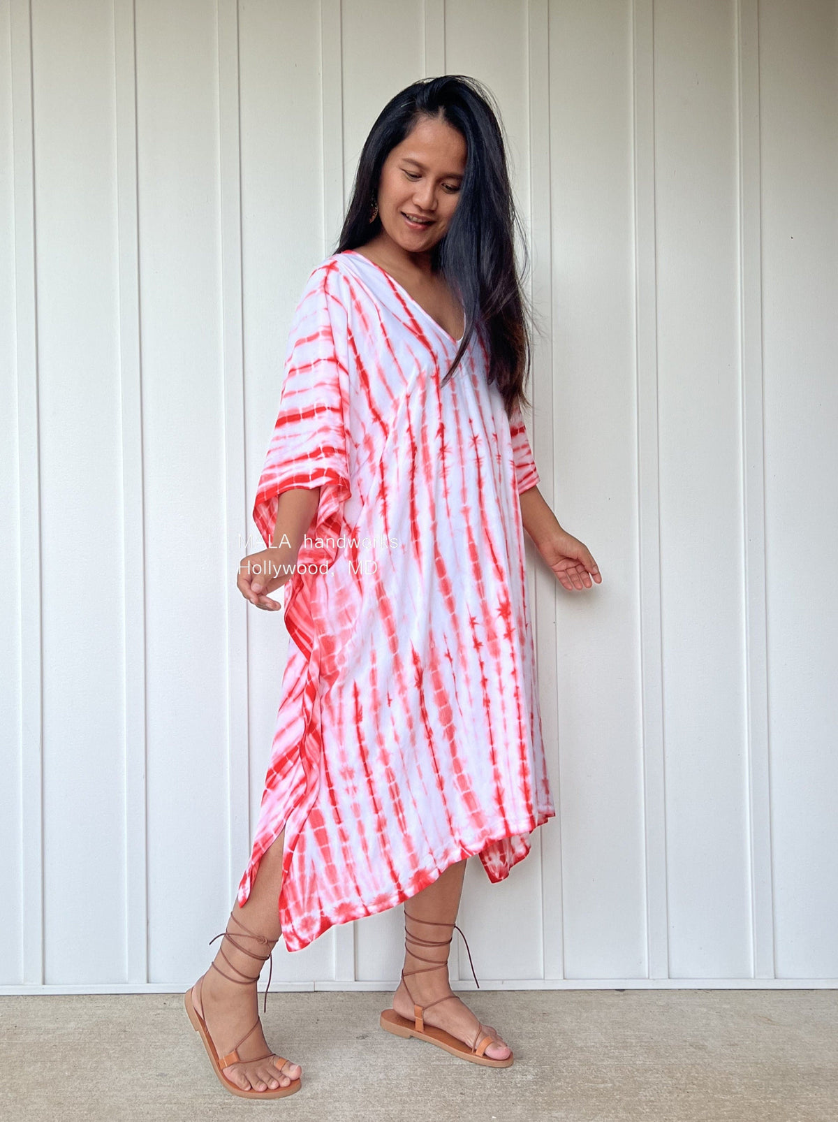 MALA handworks  Fiona Midi Kaftan in White and Orange Tie Dye