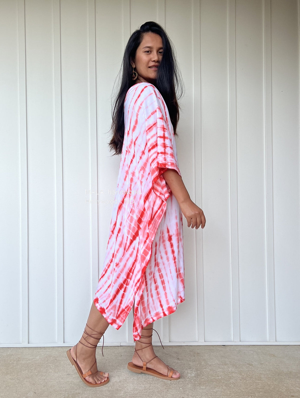 MALA handworks  Fiona Midi Kaftan in White and Orange Tie Dye
