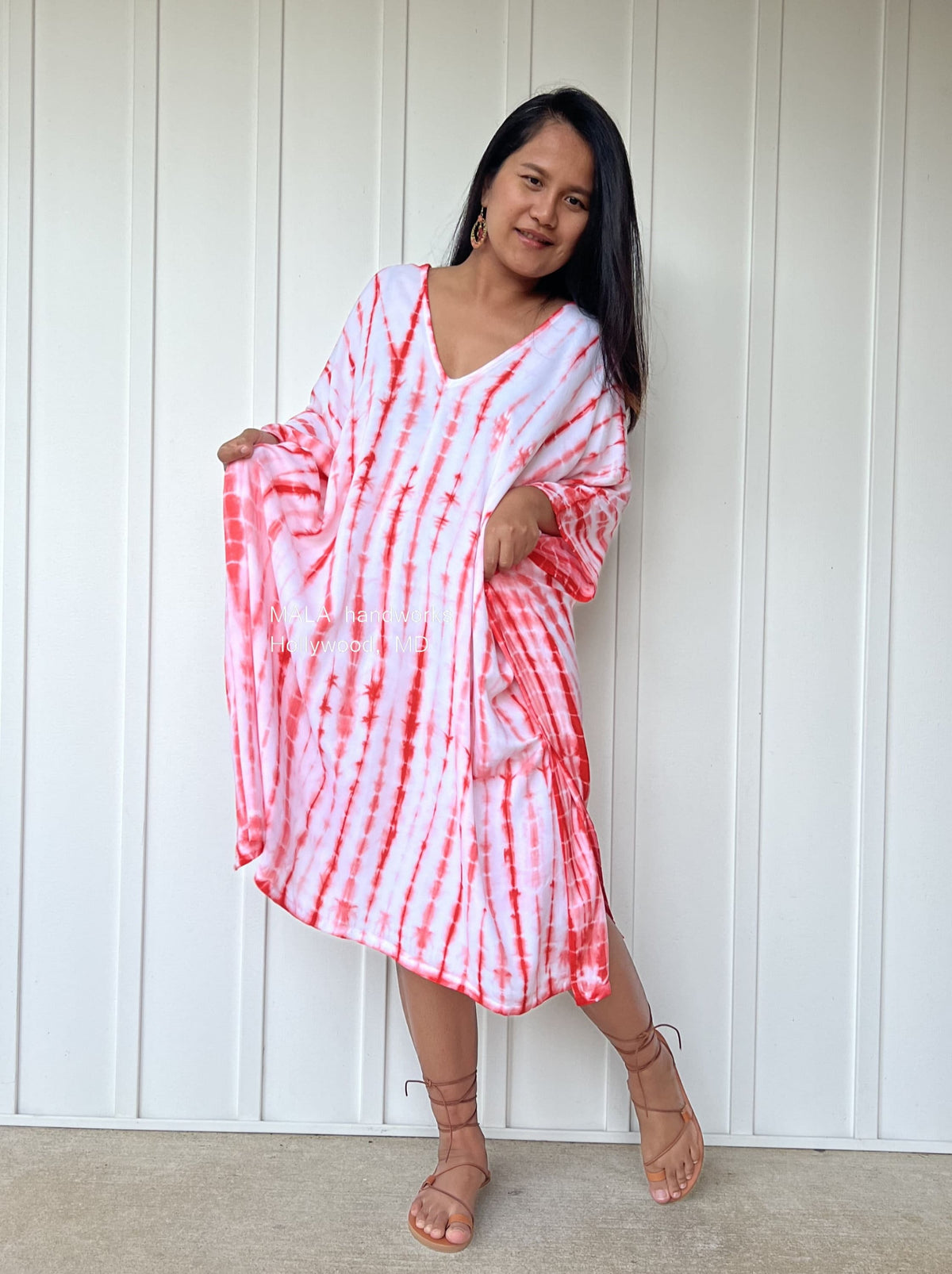 MALA handworks  Fiona Midi Kaftan in White and Orange Tie Dye