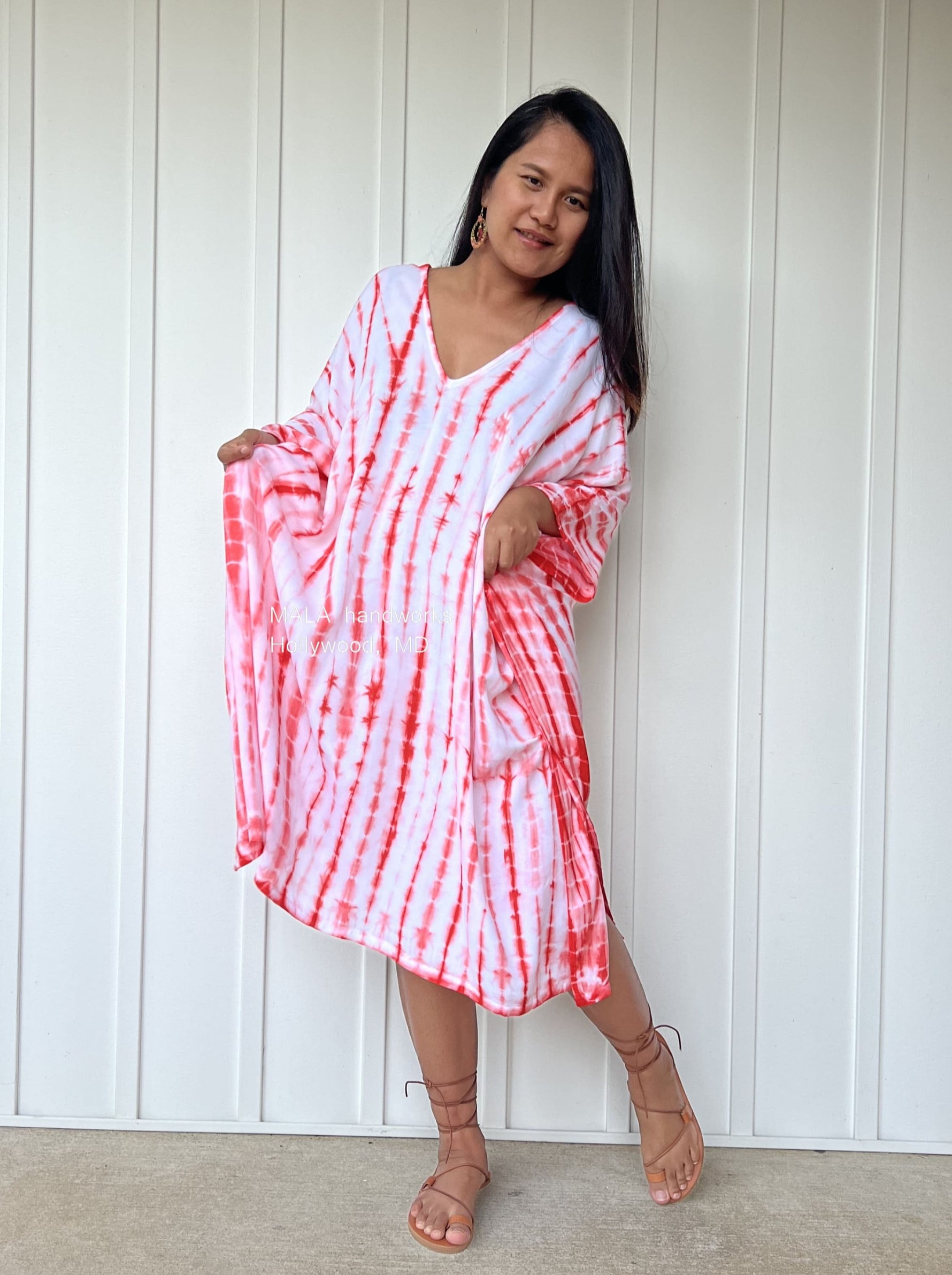 MALA handworks  Fiona Midi Kaftan in White and Orange Tie Dye
