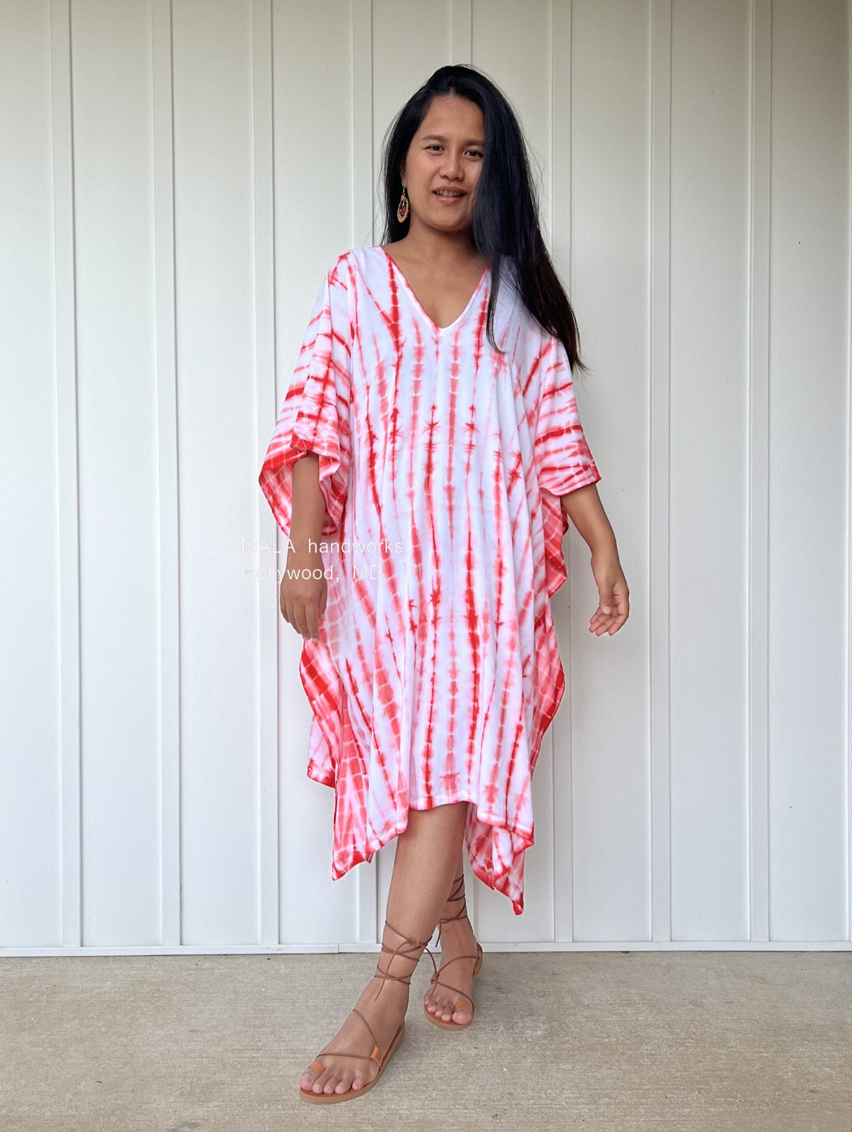 MALA handworks  Fiona Midi Kaftan in White and Orange Tie Dye