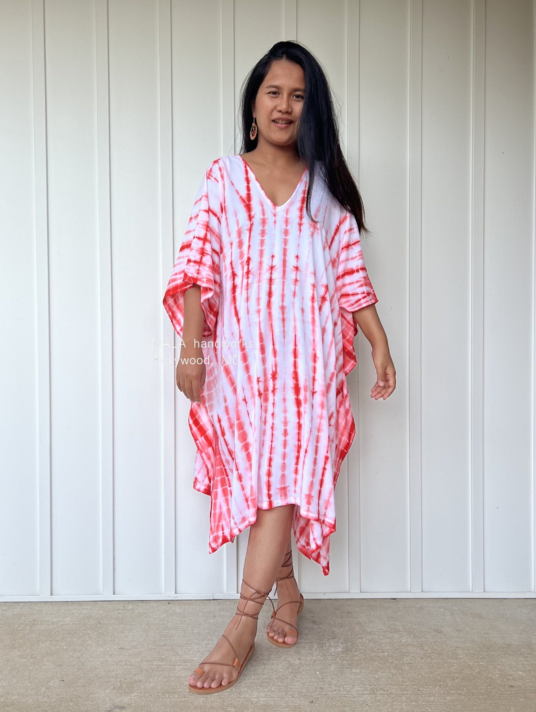 MALA handworks  Fiona Midi Kaftan in White and Orange Tie Dye
