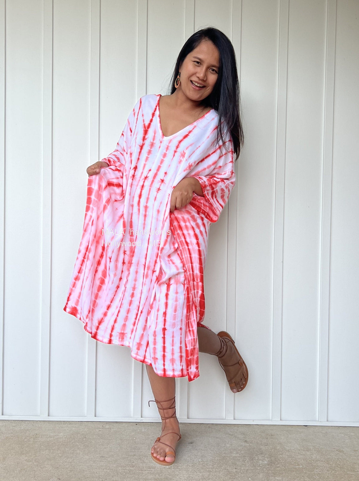 MALA handworks  Fiona Midi Kaftan in White and Orange Tie Dye