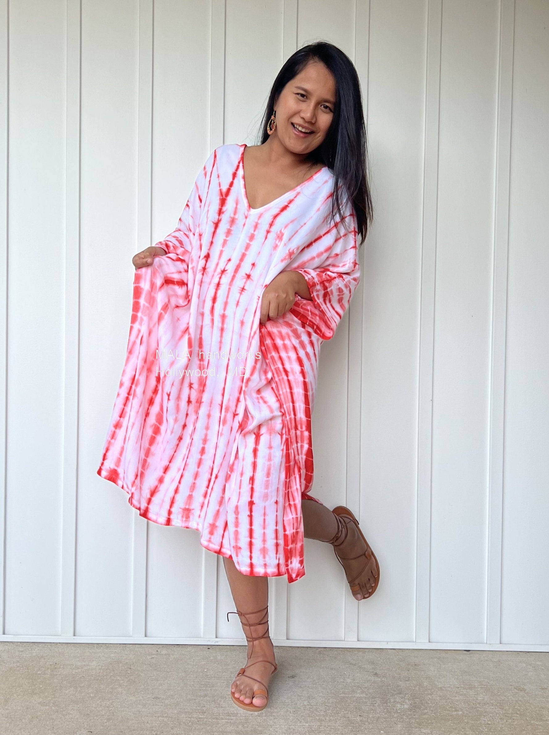 MALA handworks  Fiona Midi Kaftan in White and Orange Tie Dye