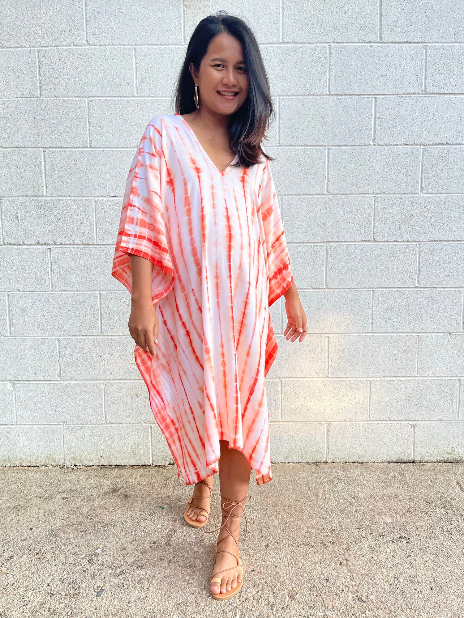 MALA handworks  Fiona Midi Kaftan in White and Orange Tie Dye