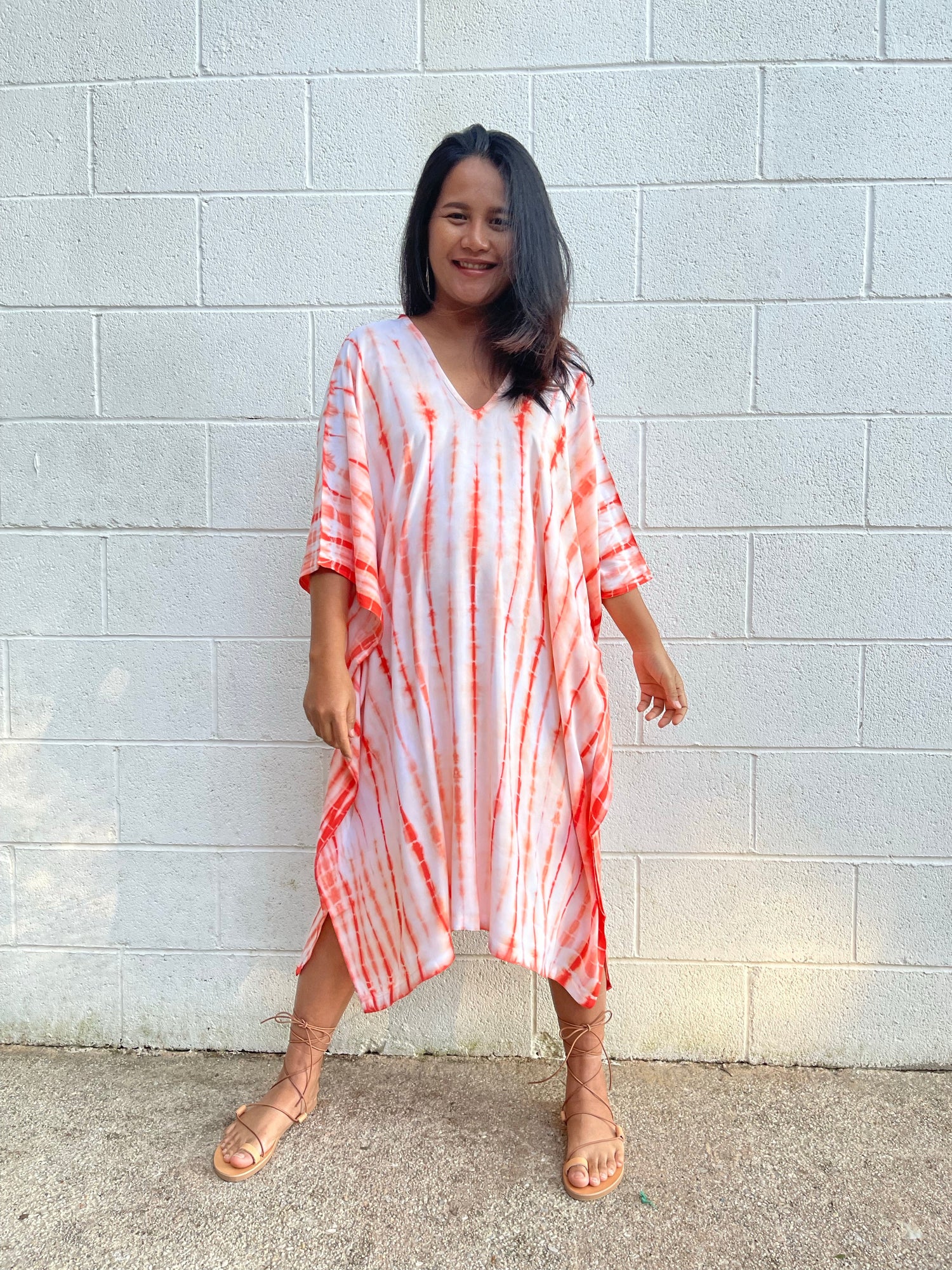 MALA handworks  Fiona Midi Kaftan in White and Orange Tie Dye