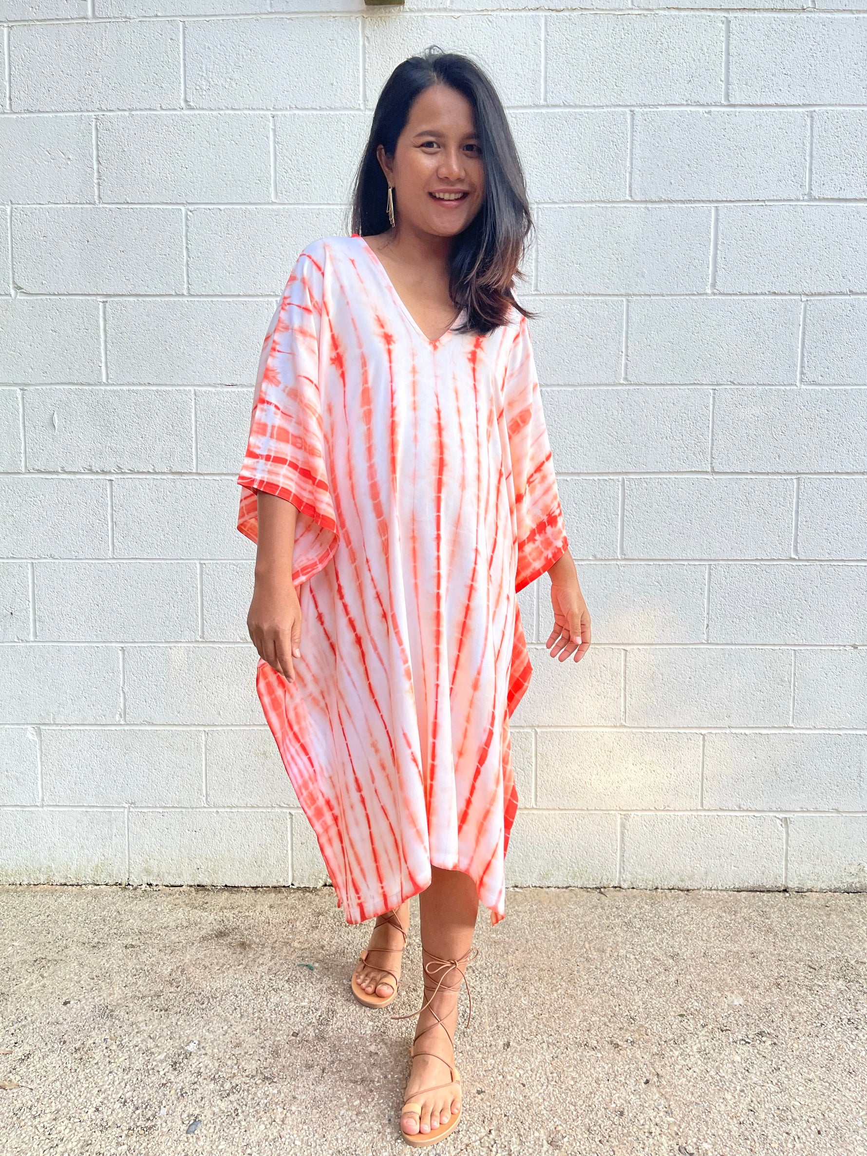 MALA handworks  Fiona Midi Kaftan in White and Orange Tie Dye