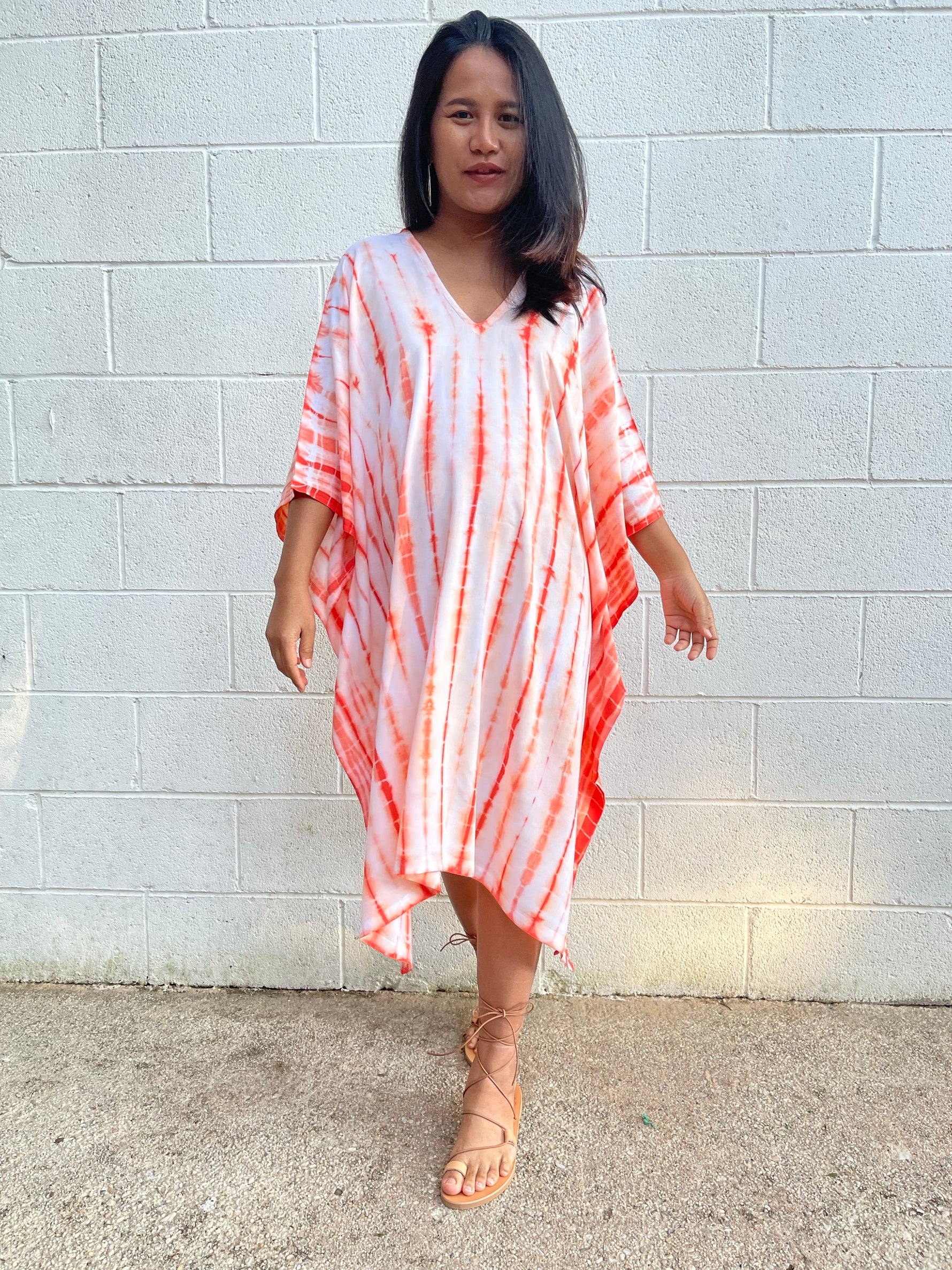 MALA handworks  Fiona Midi Kaftan in White and Orange Tie Dye