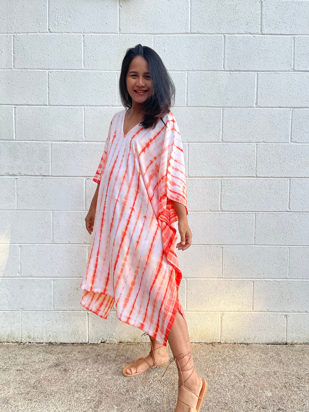 MALA handworks  Fiona Midi Kaftan in White and Orange Tie Dye