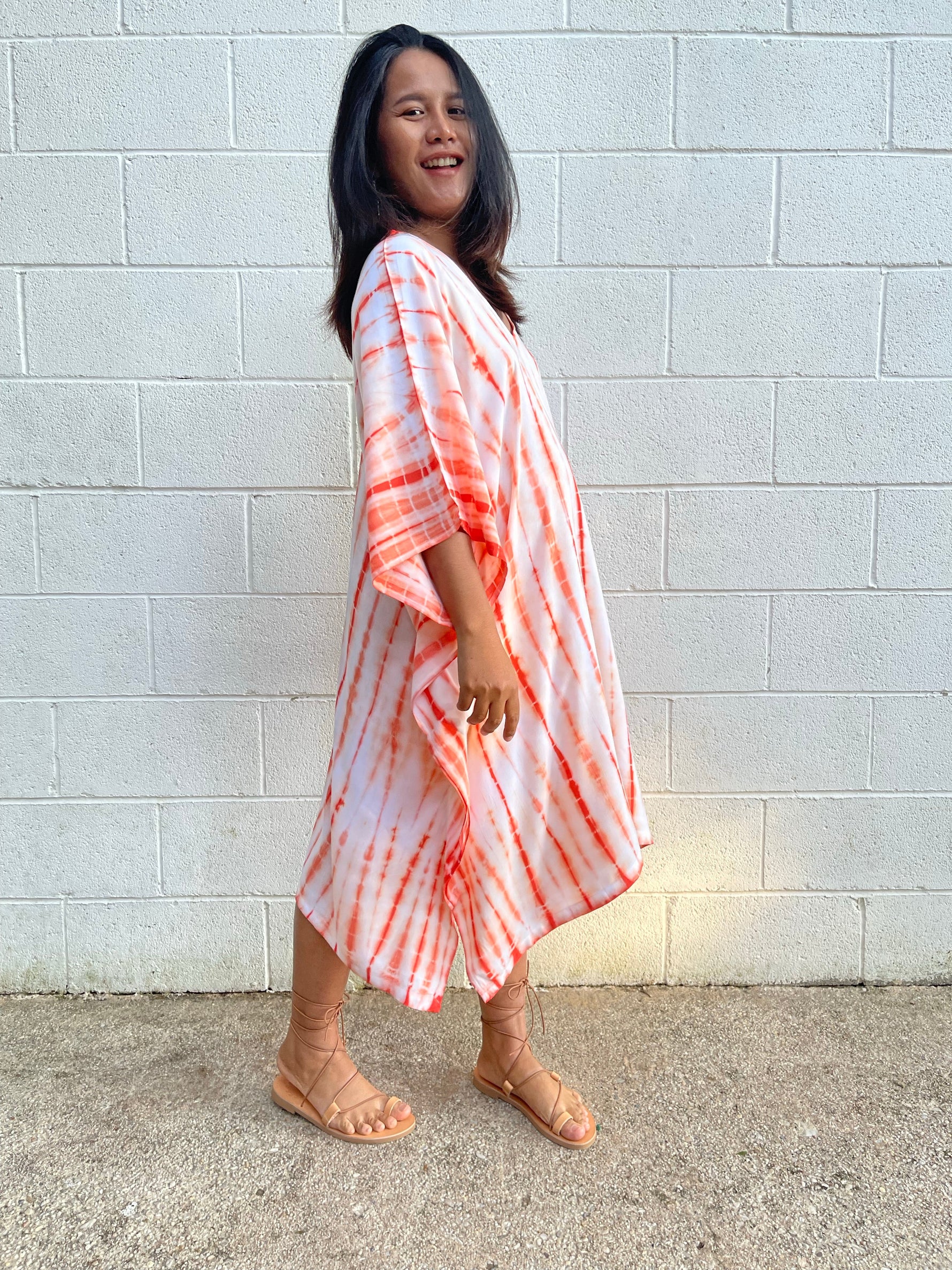 MALA handworks  Fiona Midi Kaftan in White and Orange Tie Dye