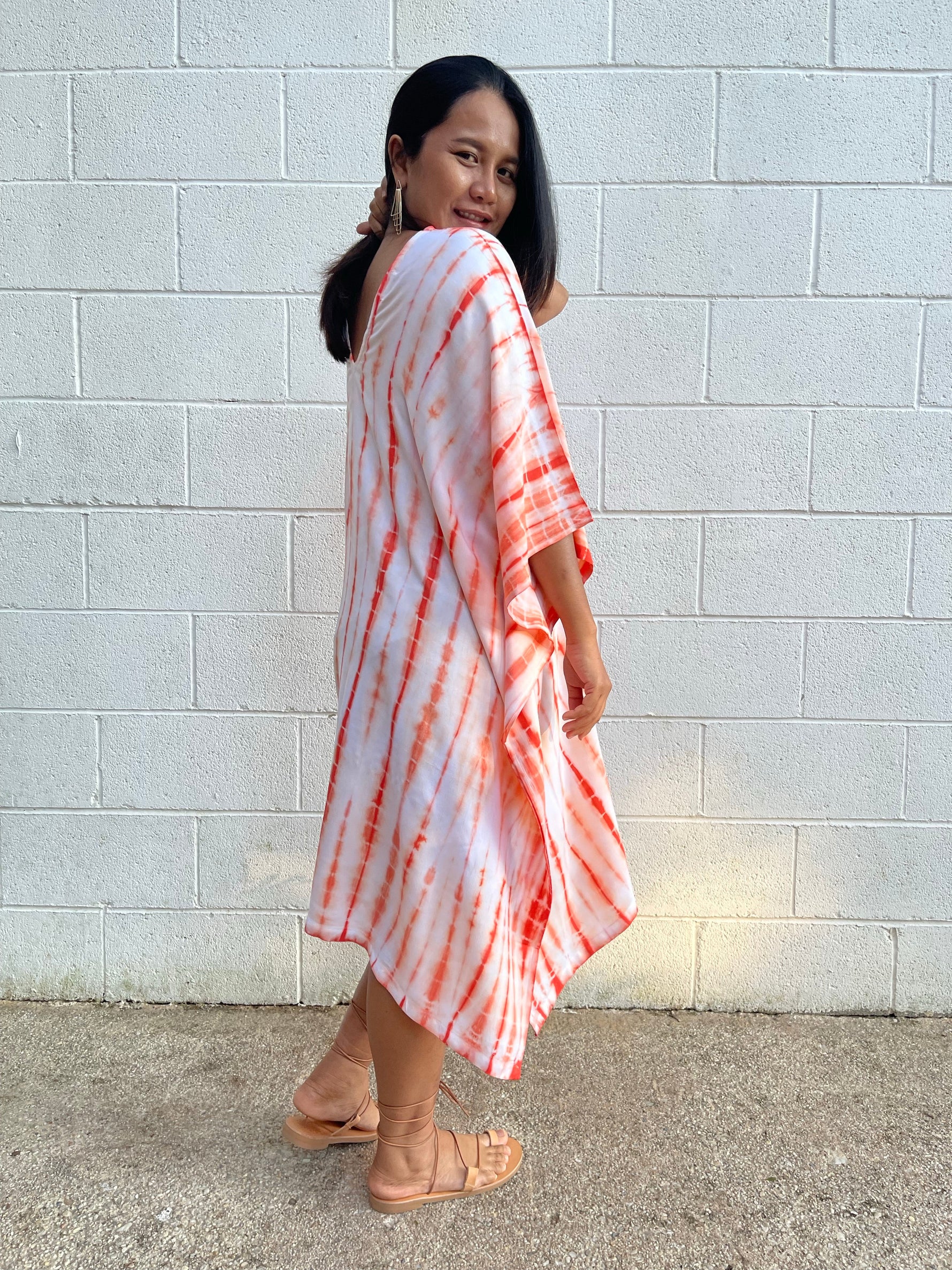 MALA handworks  Fiona Midi Kaftan in White and Orange Tie Dye