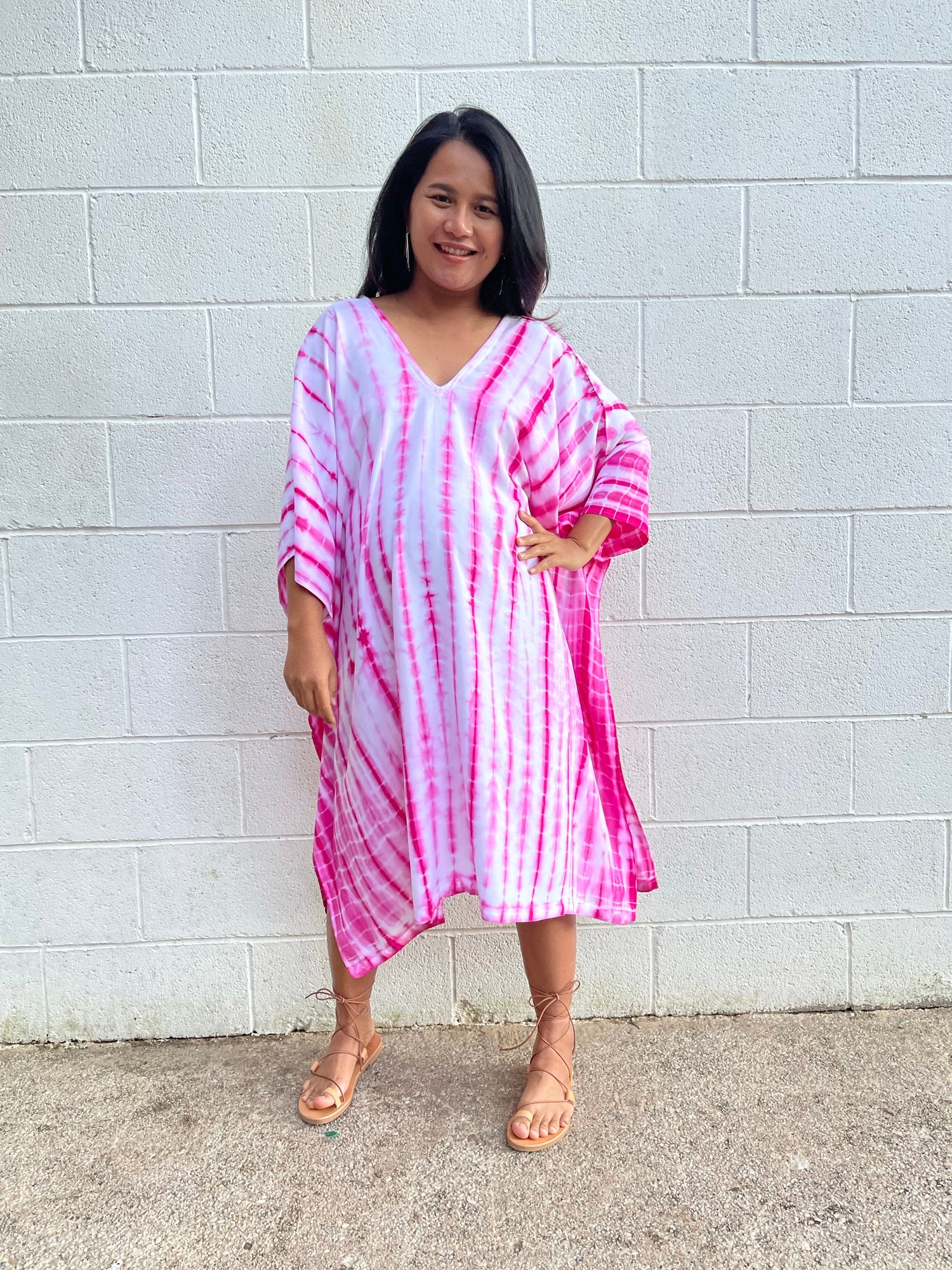 MALA handworks Fiona Midi Kaftan in White and Pink Tie Dye